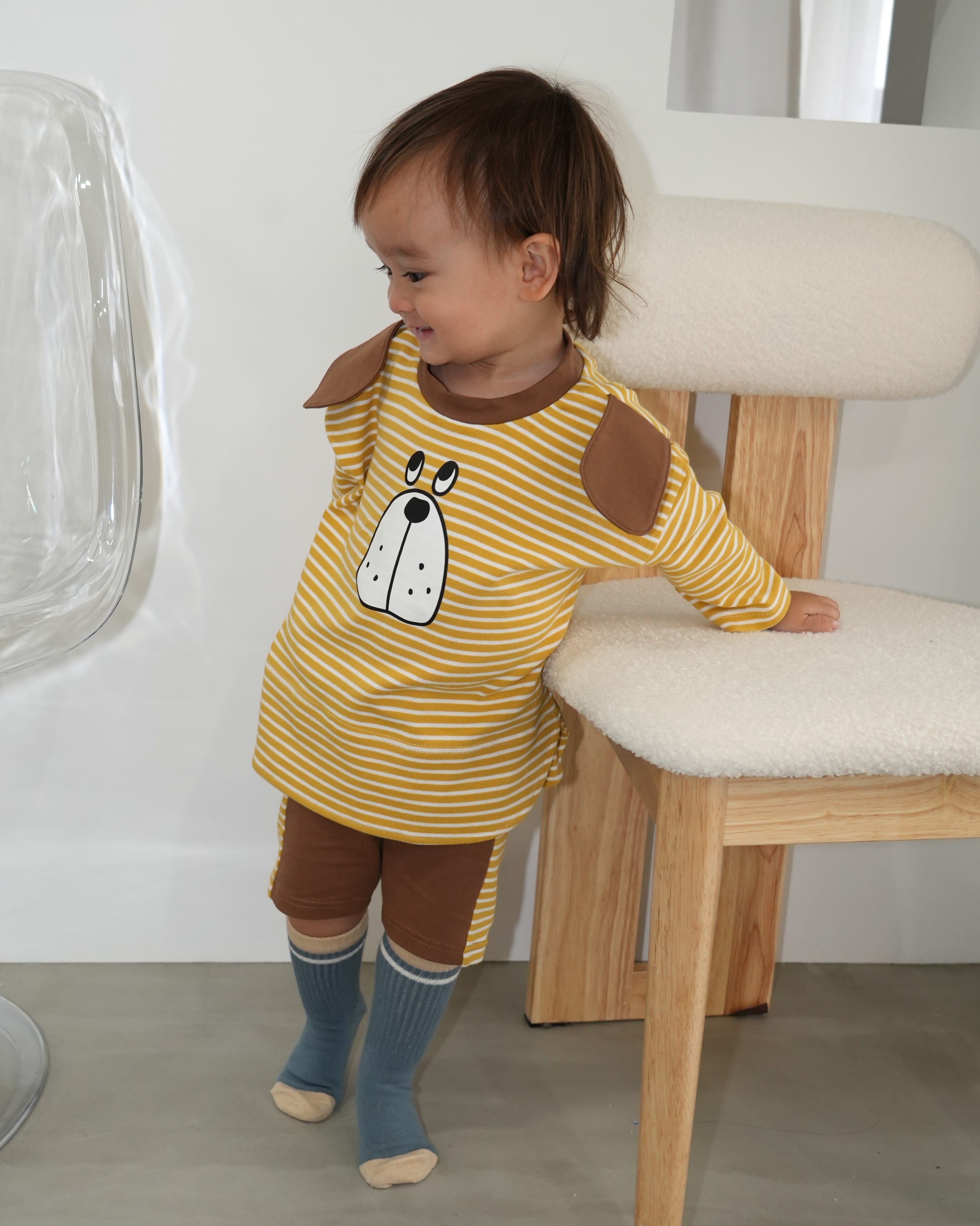 Big Face Dog T-Shirt & Half Leggings Set【110403】 (yellow)