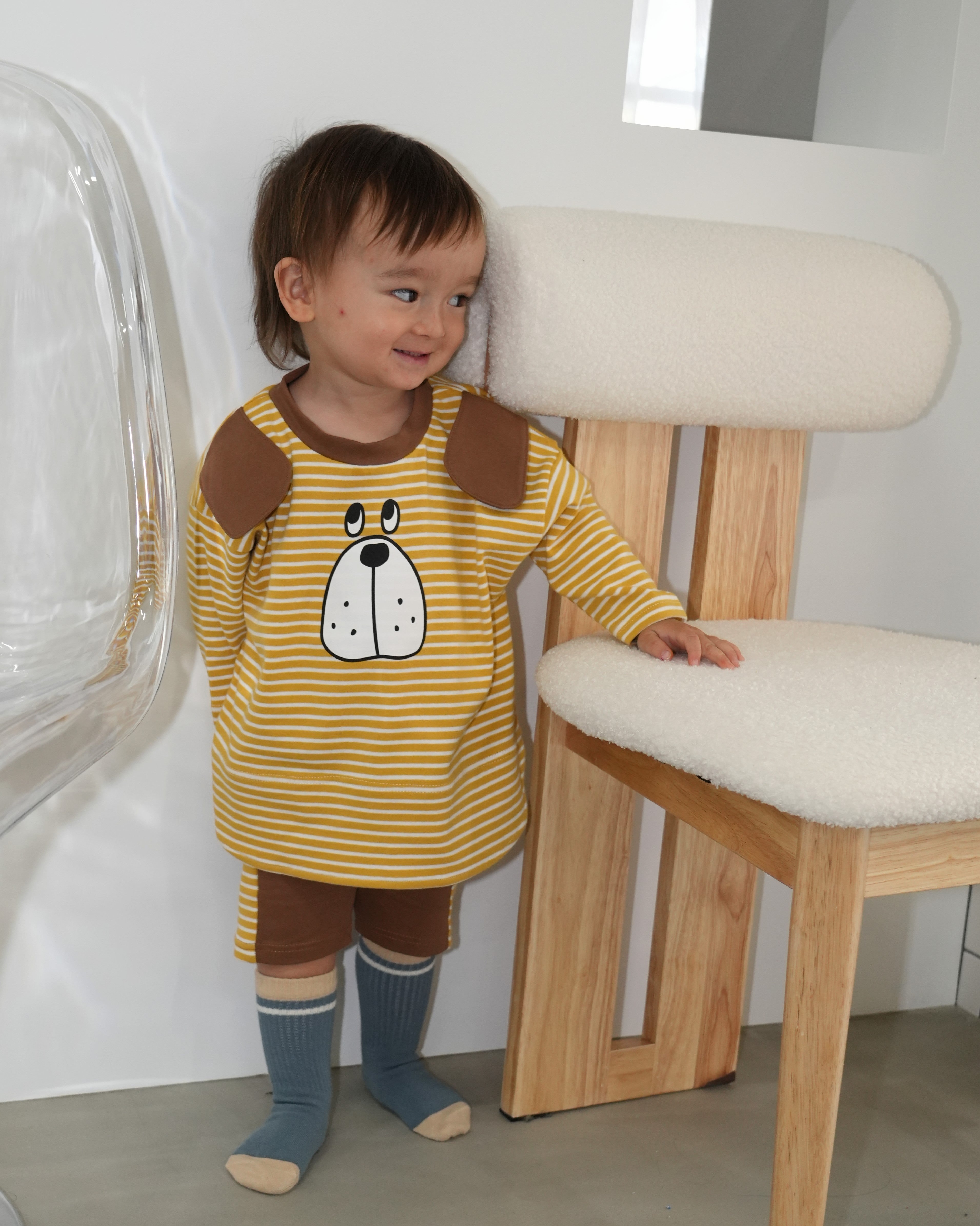 Big Face Dog T-Shirt & Half Leggings Set【110403】 (yellow)