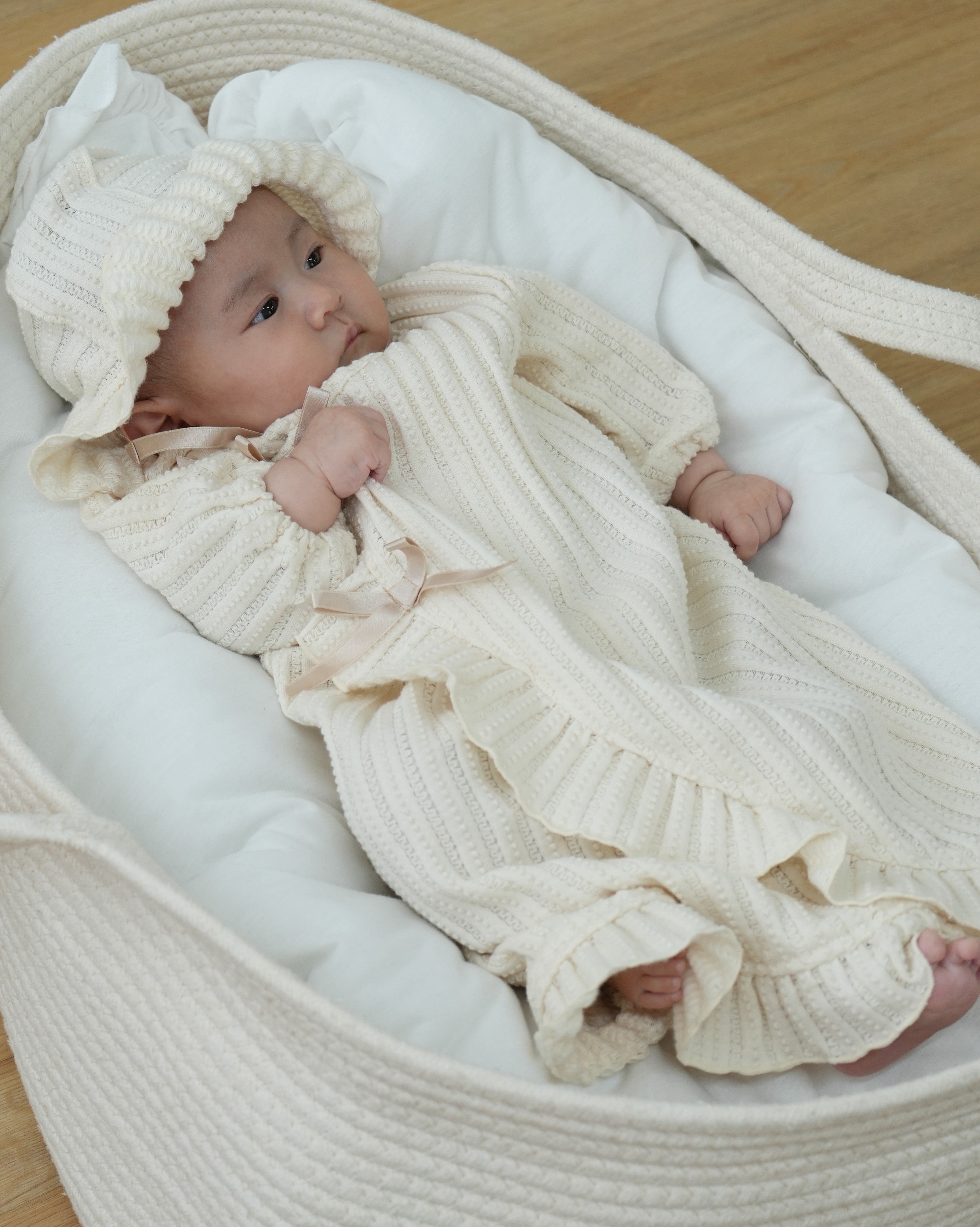 Organic Lace Knit Baby Ceremony Dress with Bonnet【110285】