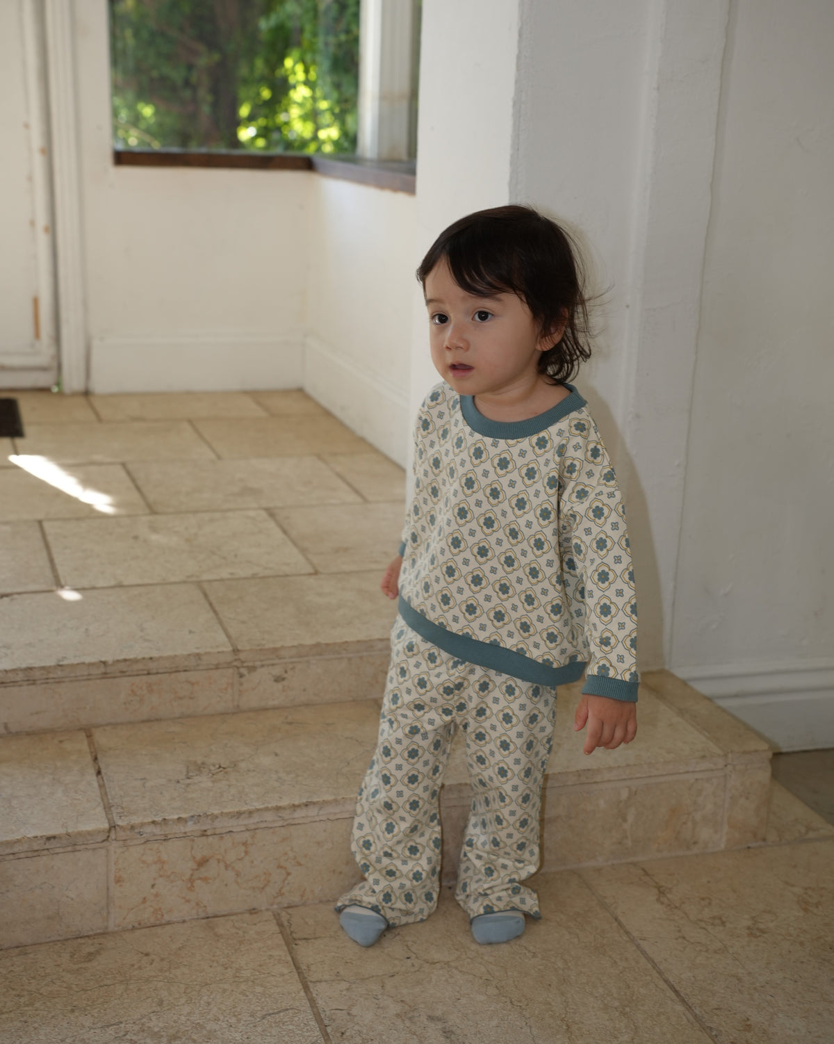 Vintage Tile Pattern Long Pants【110502】 (blue)