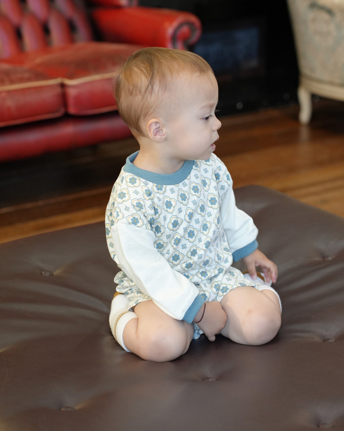 Vintage Tile Pattern Footed Rompers【110504】 (blue)