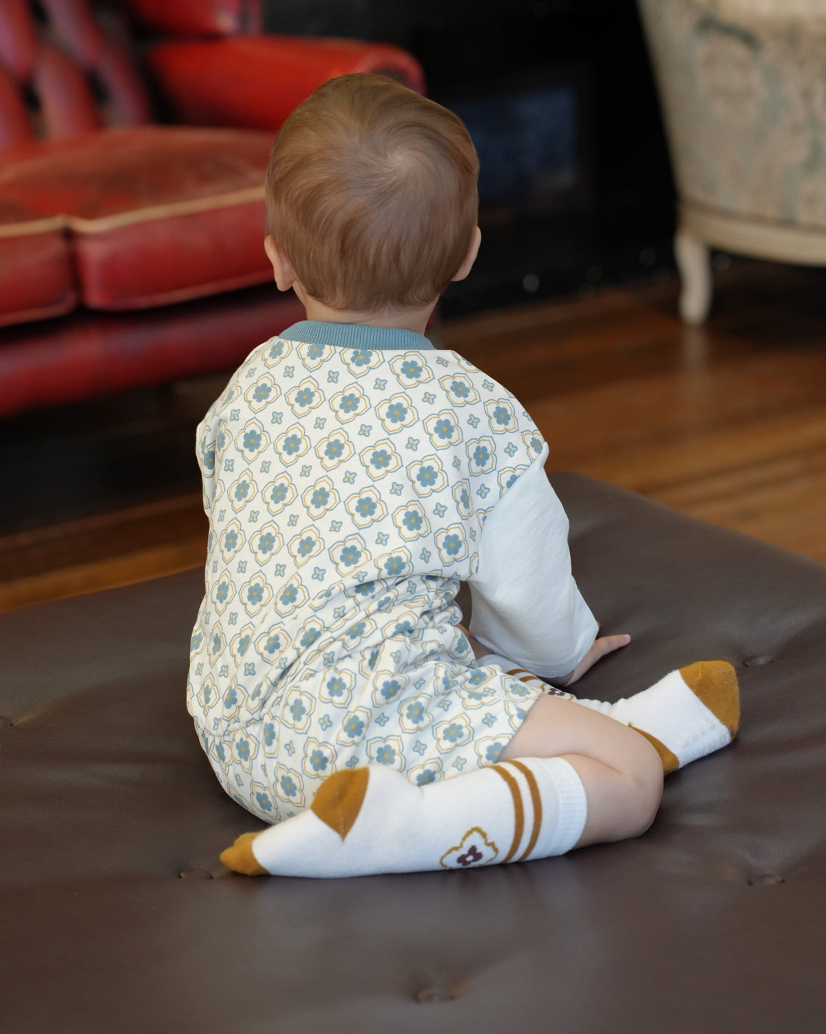 Vintage Tile Pattern Footed Rompers【110504】 (blue)