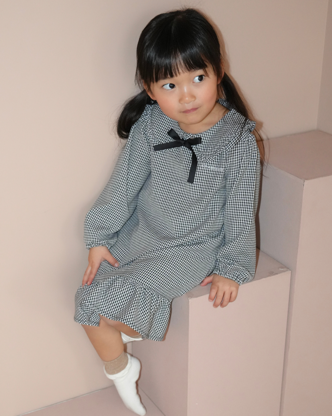Check Pattern Frill Collar A-Line One piece【110218】 (black)