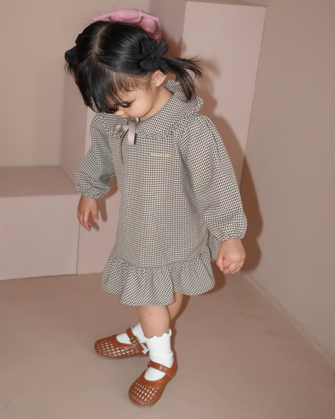 Check Pattern Frill Collar A-Line One piece【110218】 (beige)