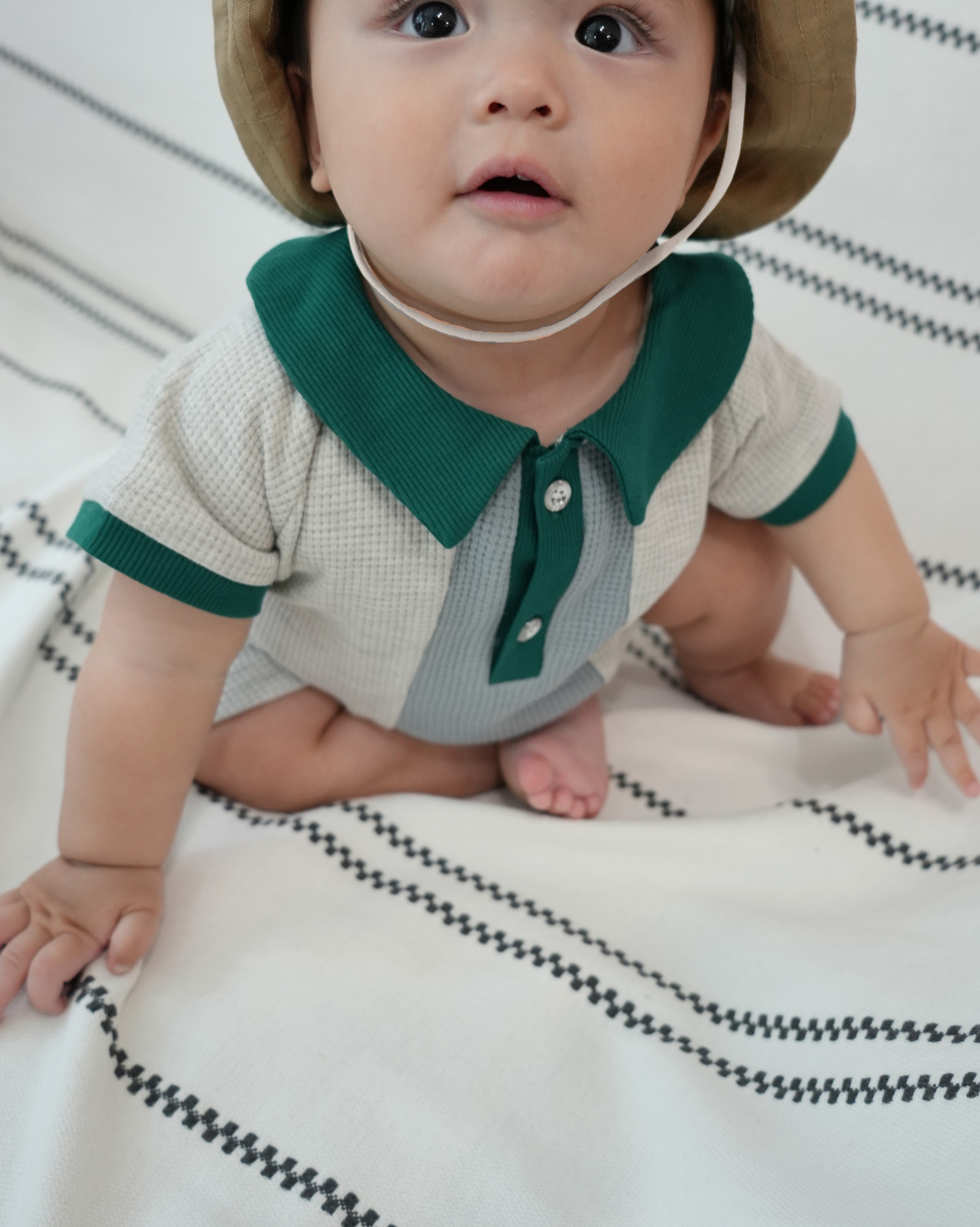 Bicolor Waffle Collared Polo Coverall【150022】