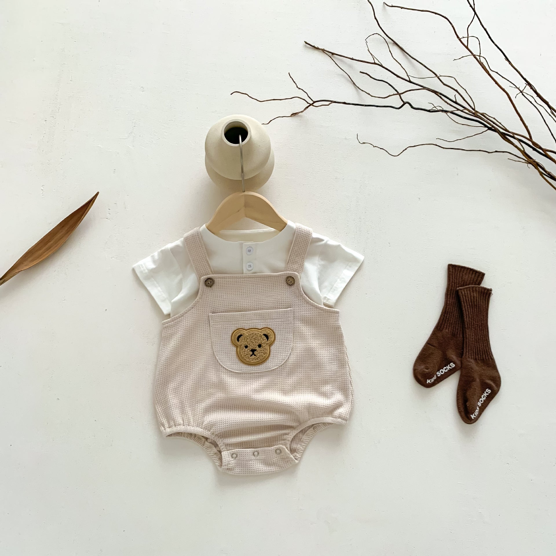 Bear Pocket Waffle Overalls/Front Button T-Shirt [N3102] 