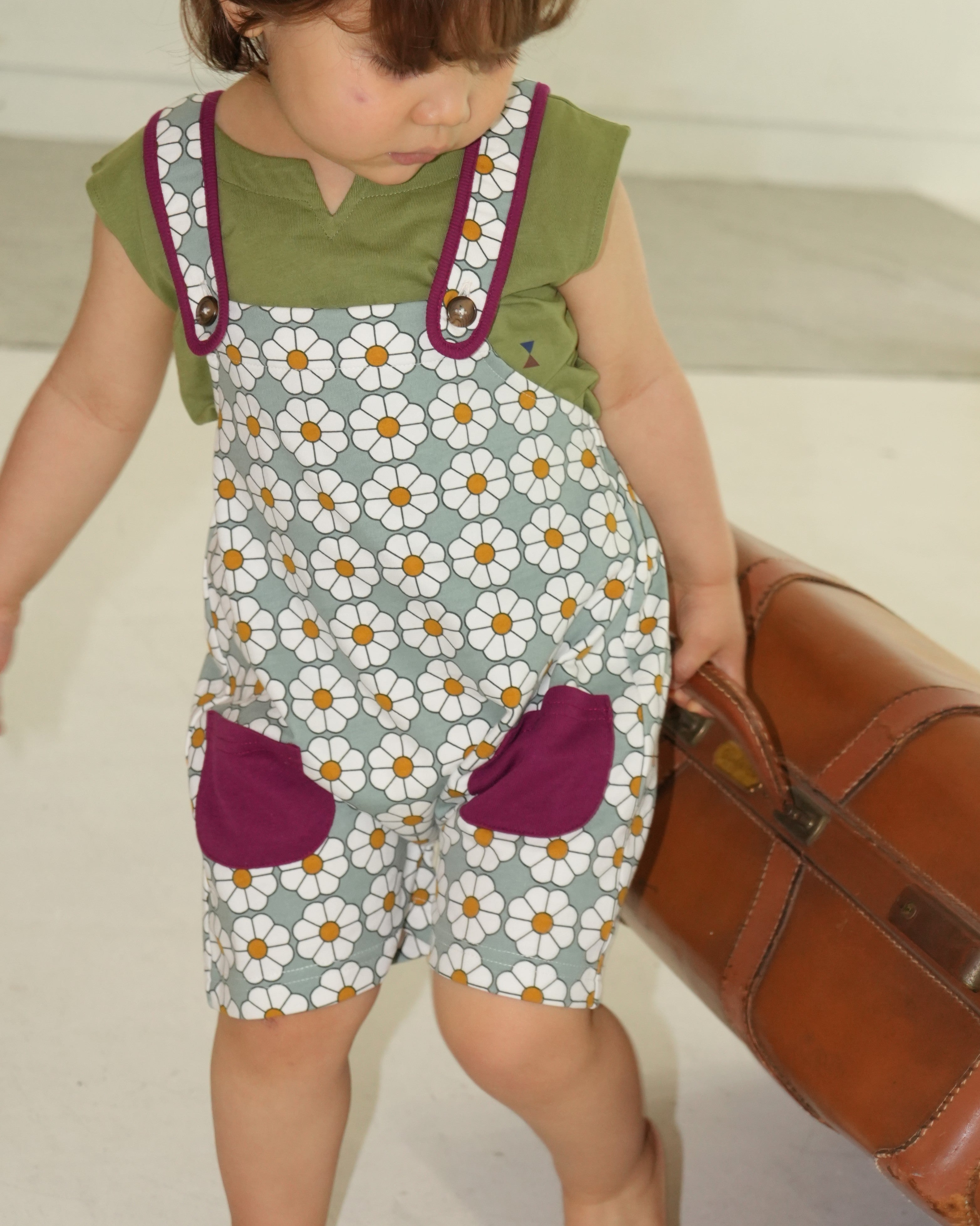 Retro Daisy Pattern Short Salopette【150011】 (Green)