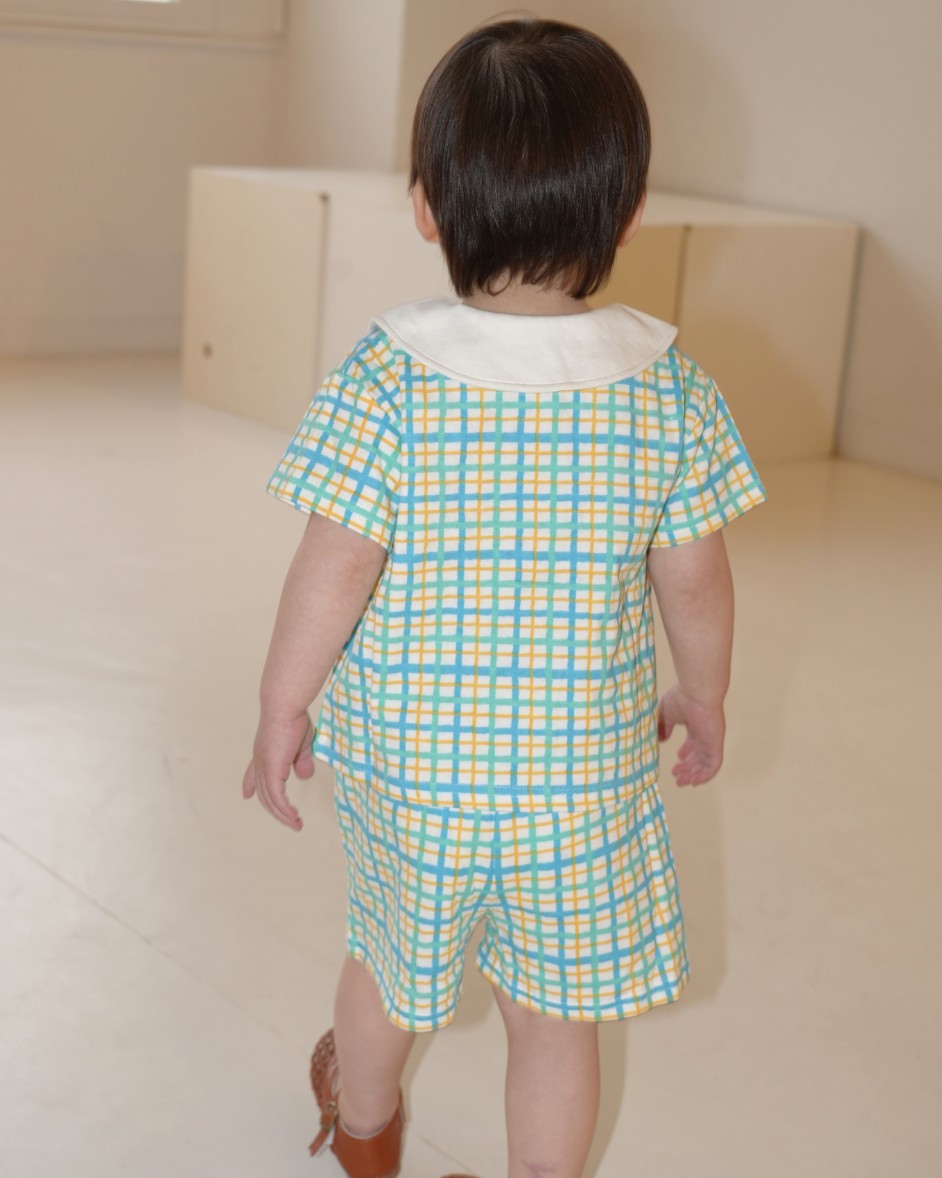 Hand Drawn Check Peter Pan Collar Set up【110231】 (Blue)