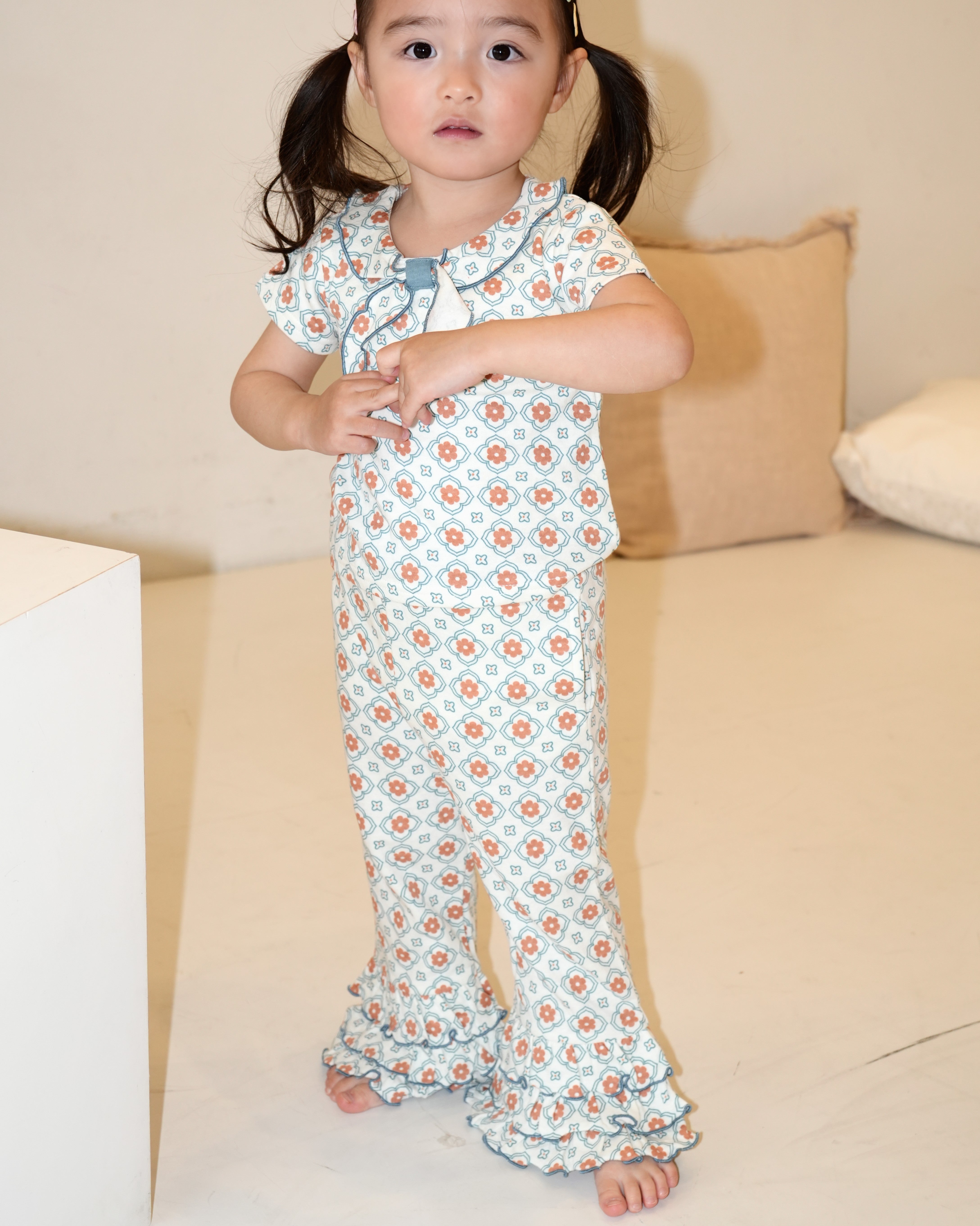 Vintage Tile Frill Flare Pants【110222】 (Blue)