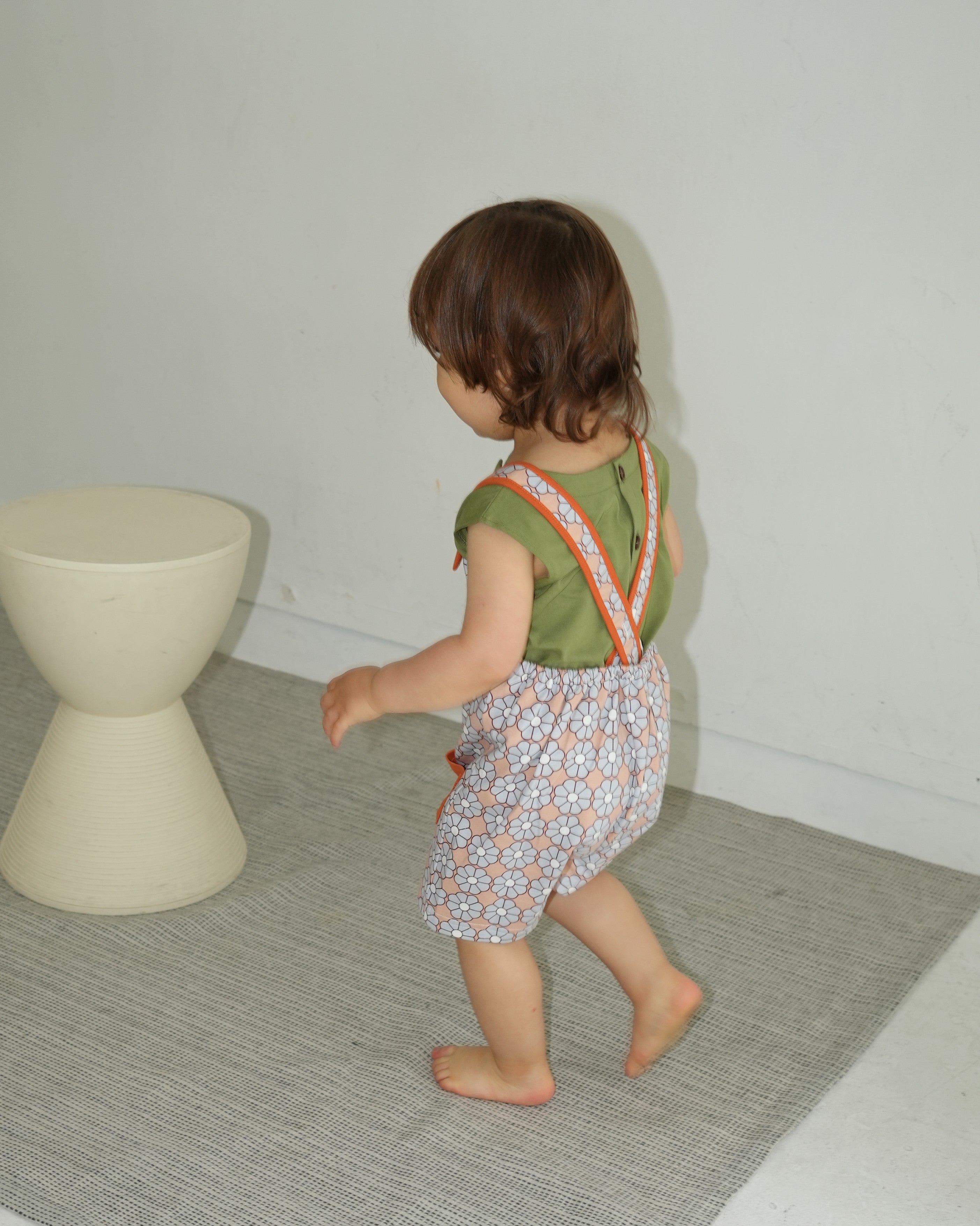 Retro Daisy Pattern Short Salopette【150011】 (Brown)