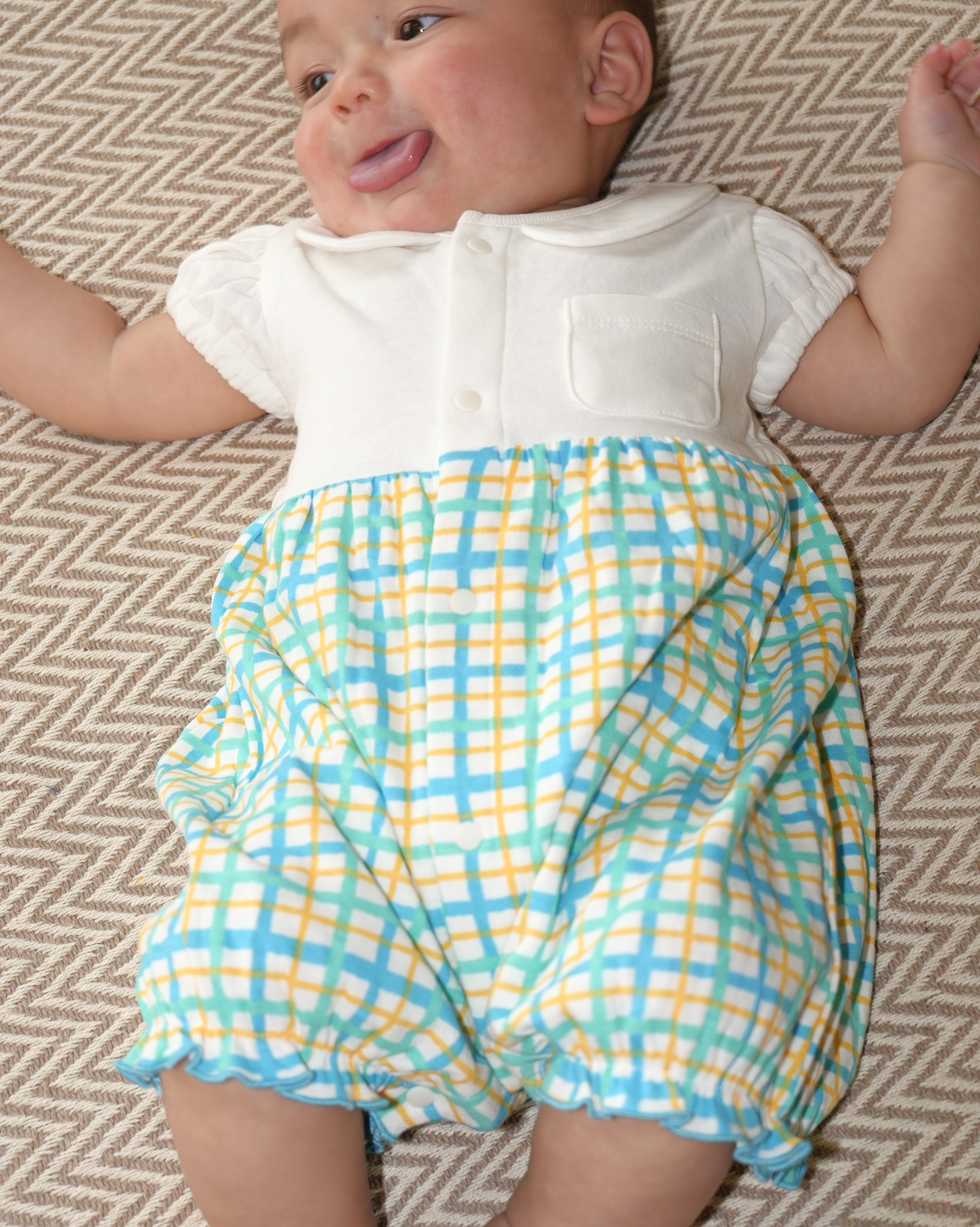 Hand Drawn Check Peter Pan Collar Playsuit【110232】 (Blue)