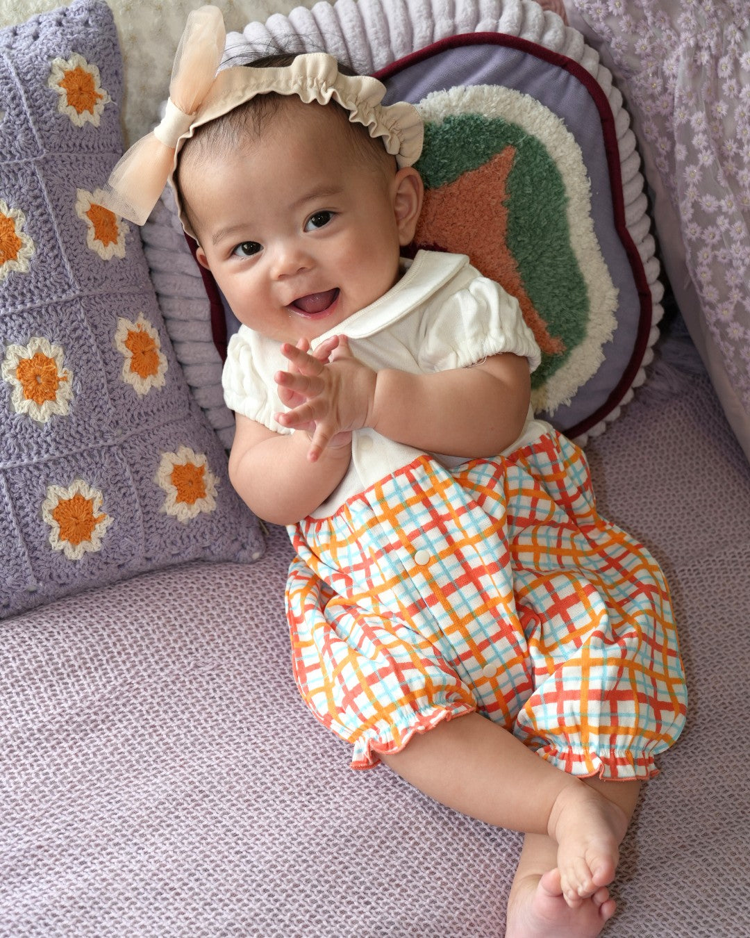 Hand Drawn Check Peter Pan Collar Playsuit【110232】 (Orange)