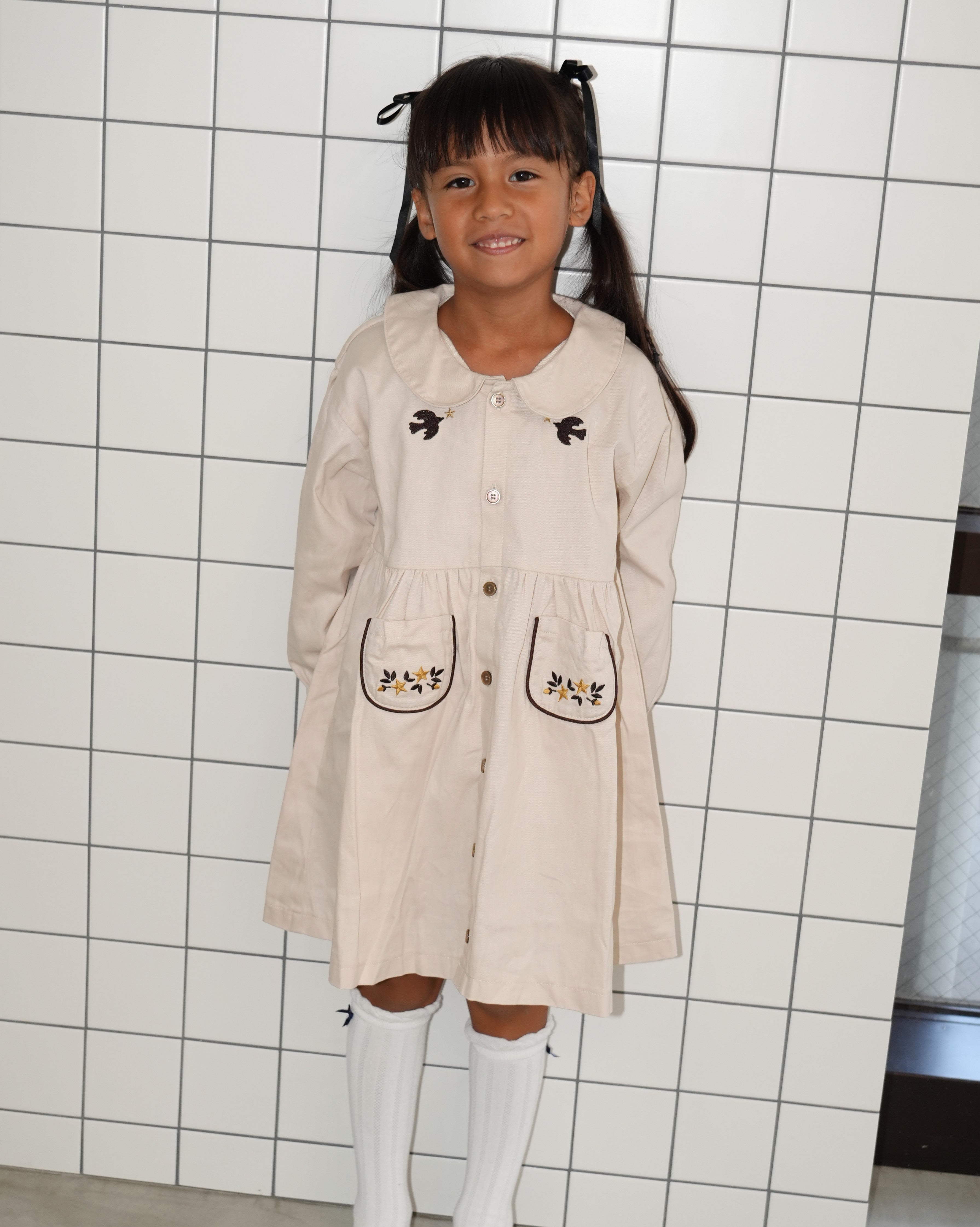 Embroidered Cotton Twill Peter Pan Collar Dress【110416】 (ivory)