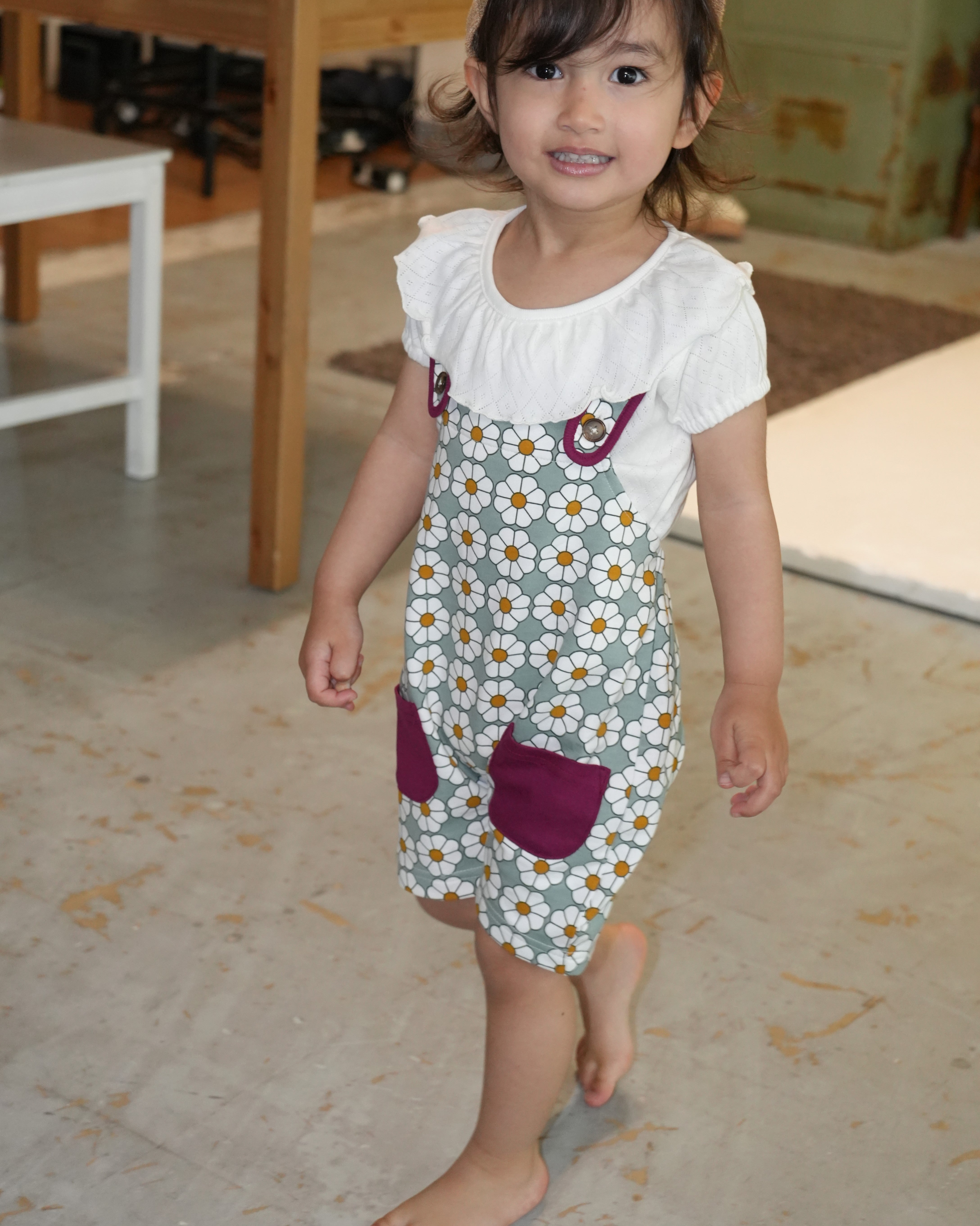 Retro Daisy Pattern Short Salopette【150011】 (Green)