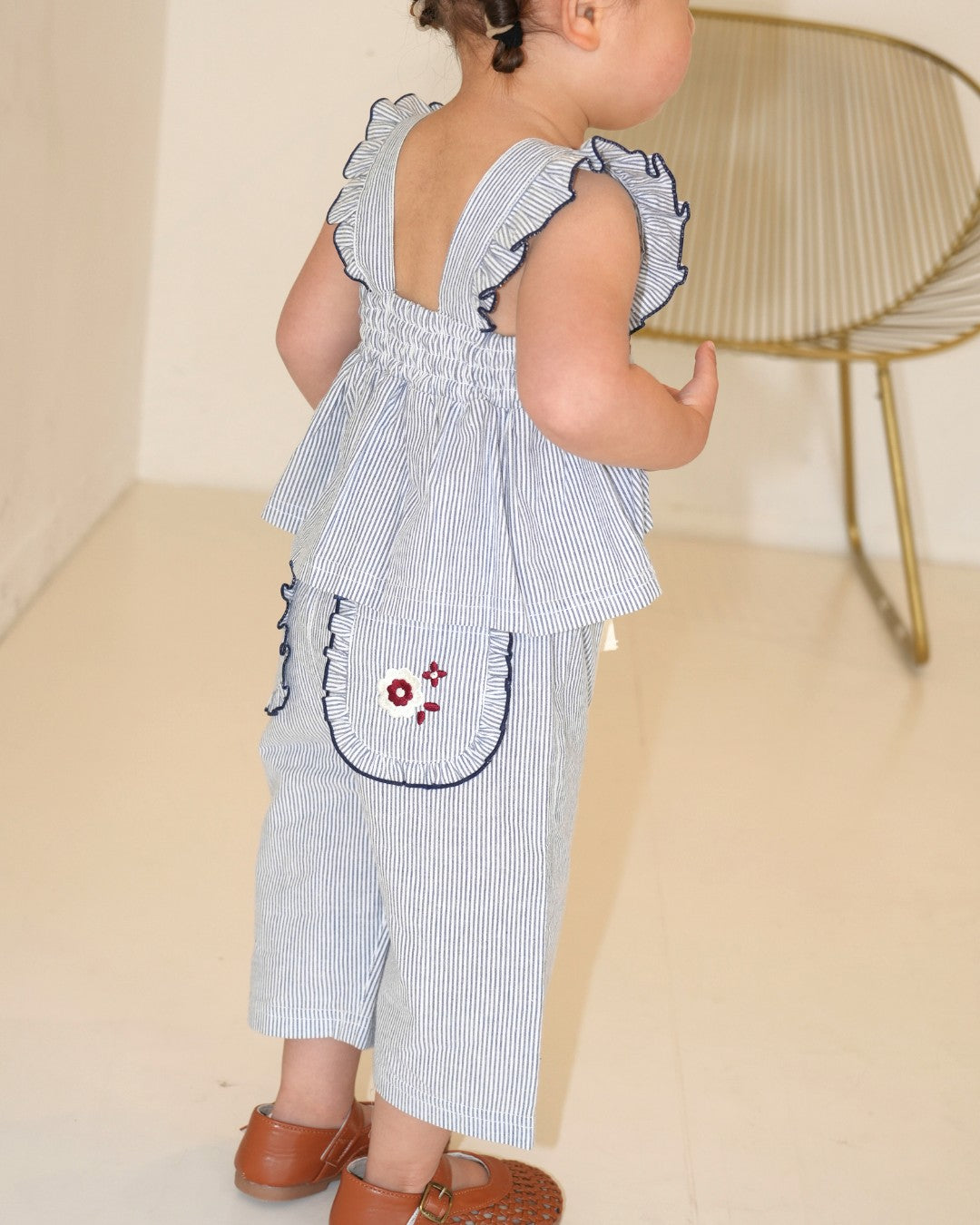 Floral Embroidered Striped Wide Pants 【110277】 (Blue)