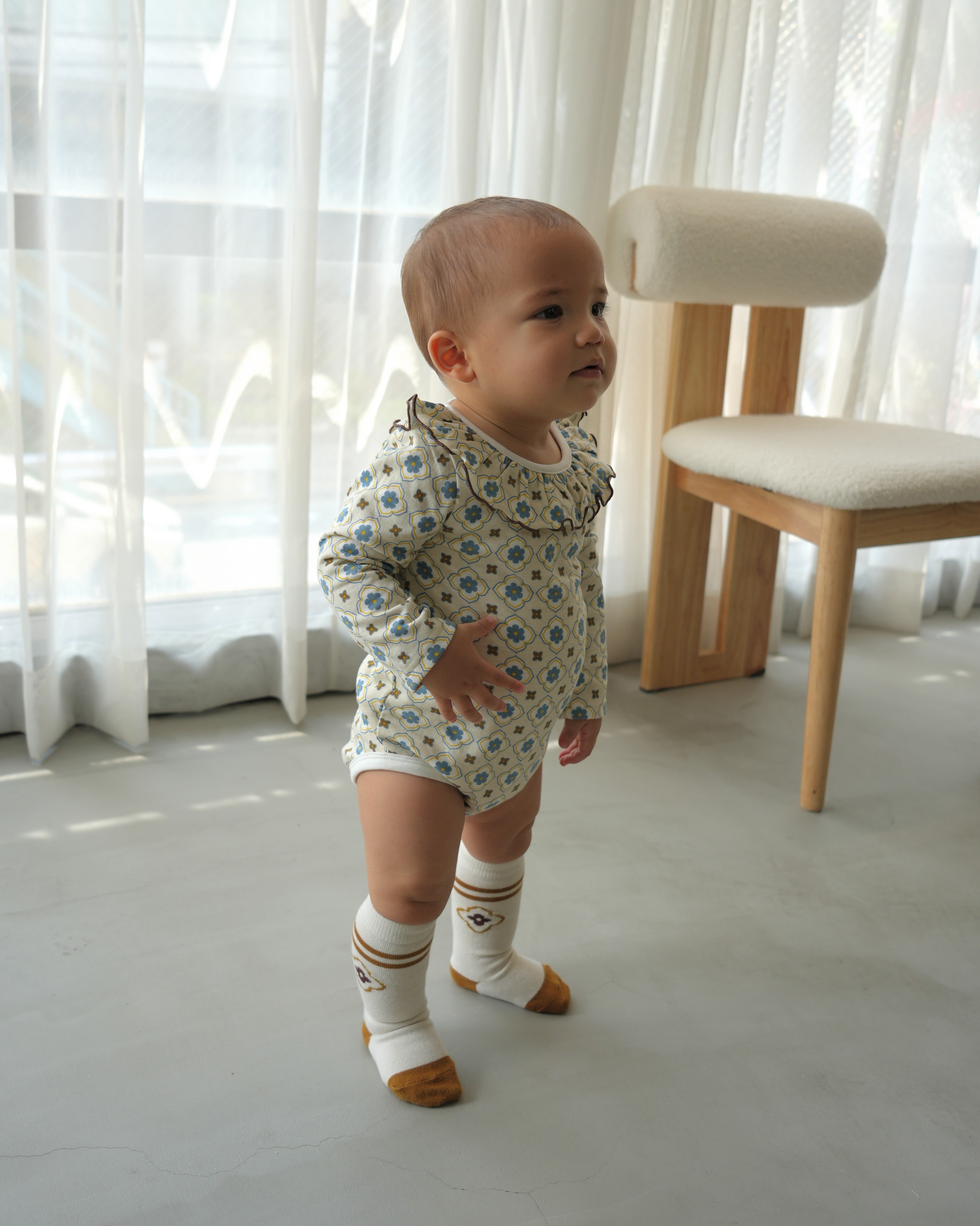 Vintage Tile Frill Ruffle Collar Romper【110335】 (blue)