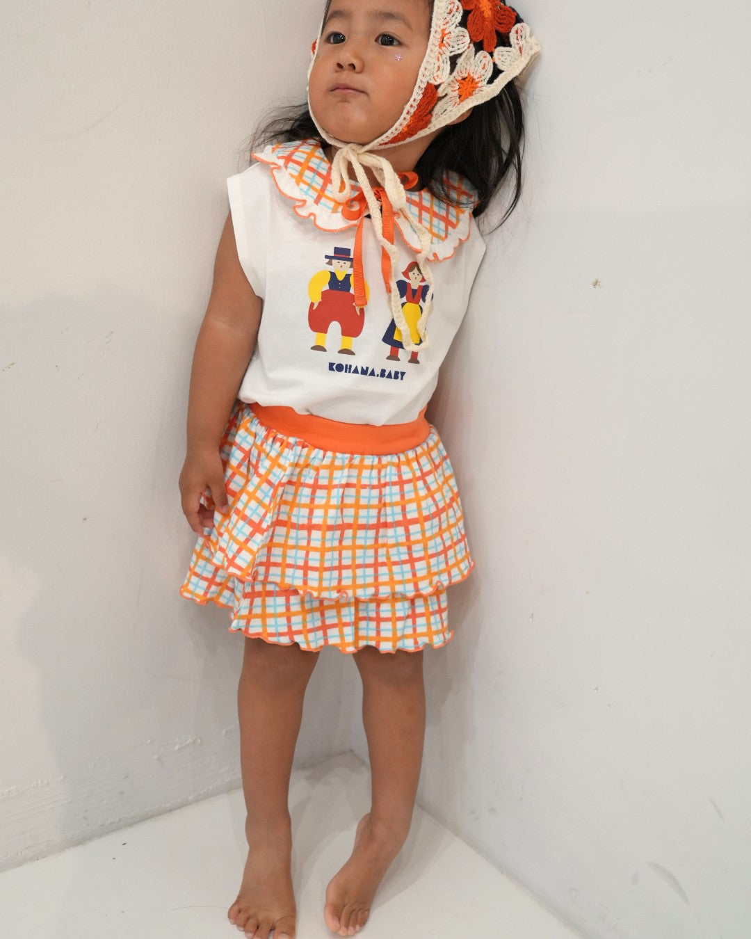 Hand Drawn Check Gathered Skirt【110234】 (Orange)