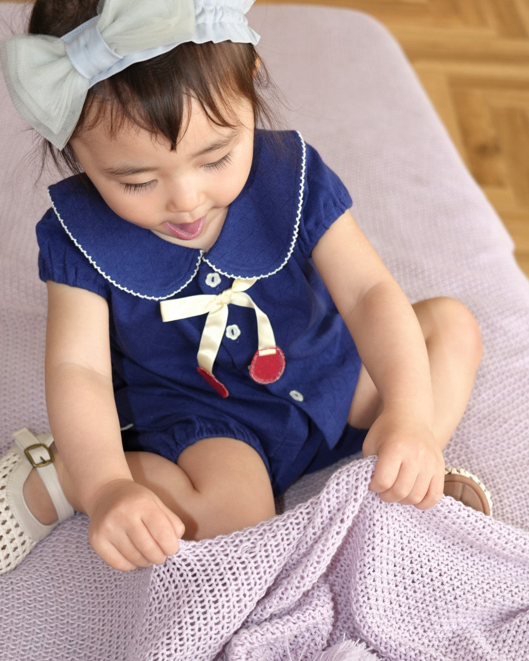 Cherry Motif Eyelet Rib Set up【110240】 (Navy)