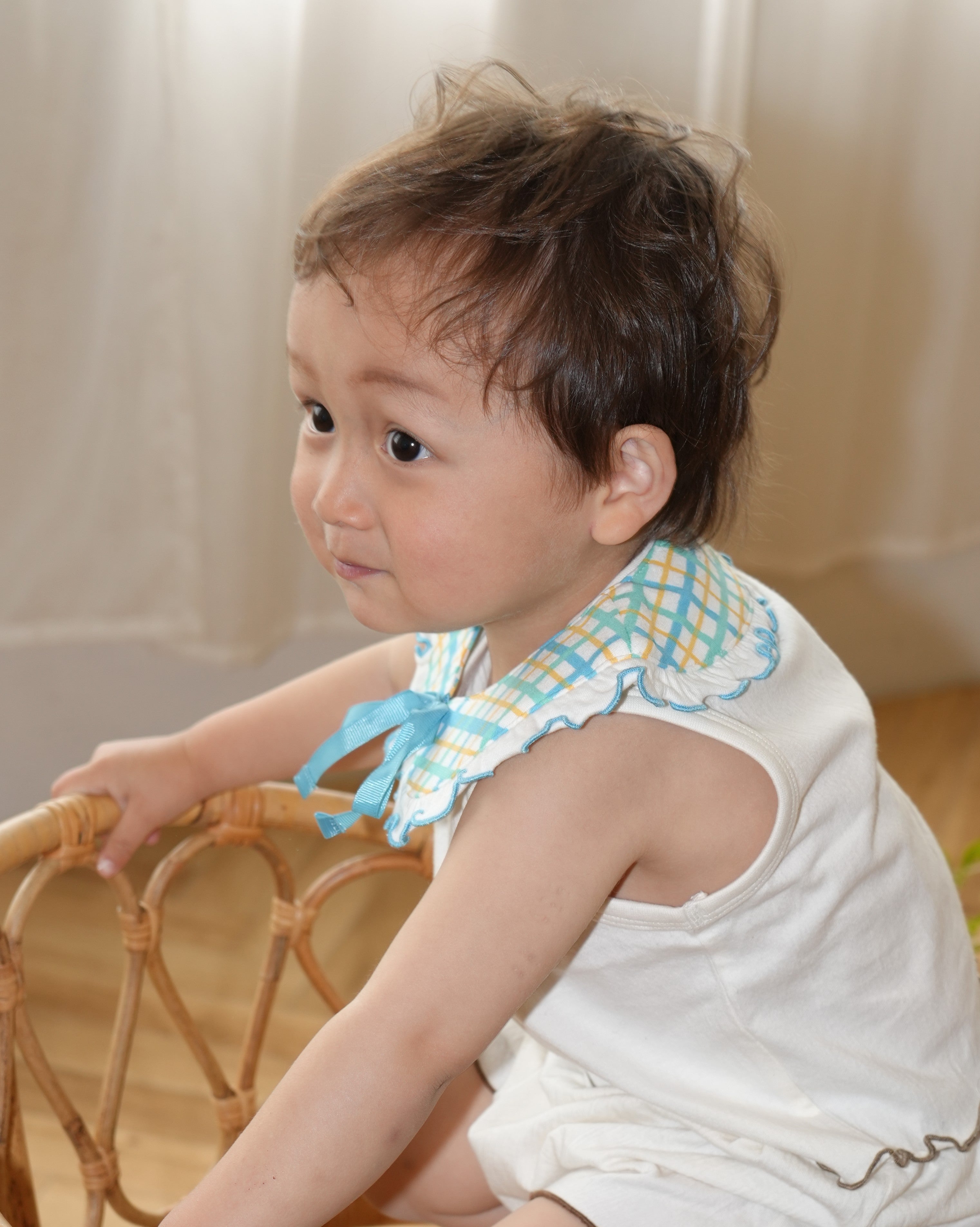 Hand Drawn Check Ruffle Detachable Collar 【110235】 (Blue)