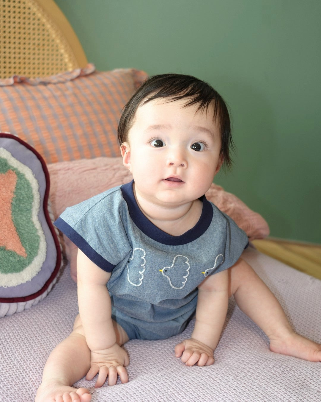 Dungaree Seagull Embroidered Rompers【110265】