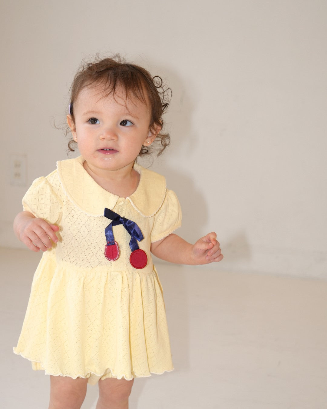 Cherry Motif Eyelet Rib Skirt Rompers【110241】 (Yellow)