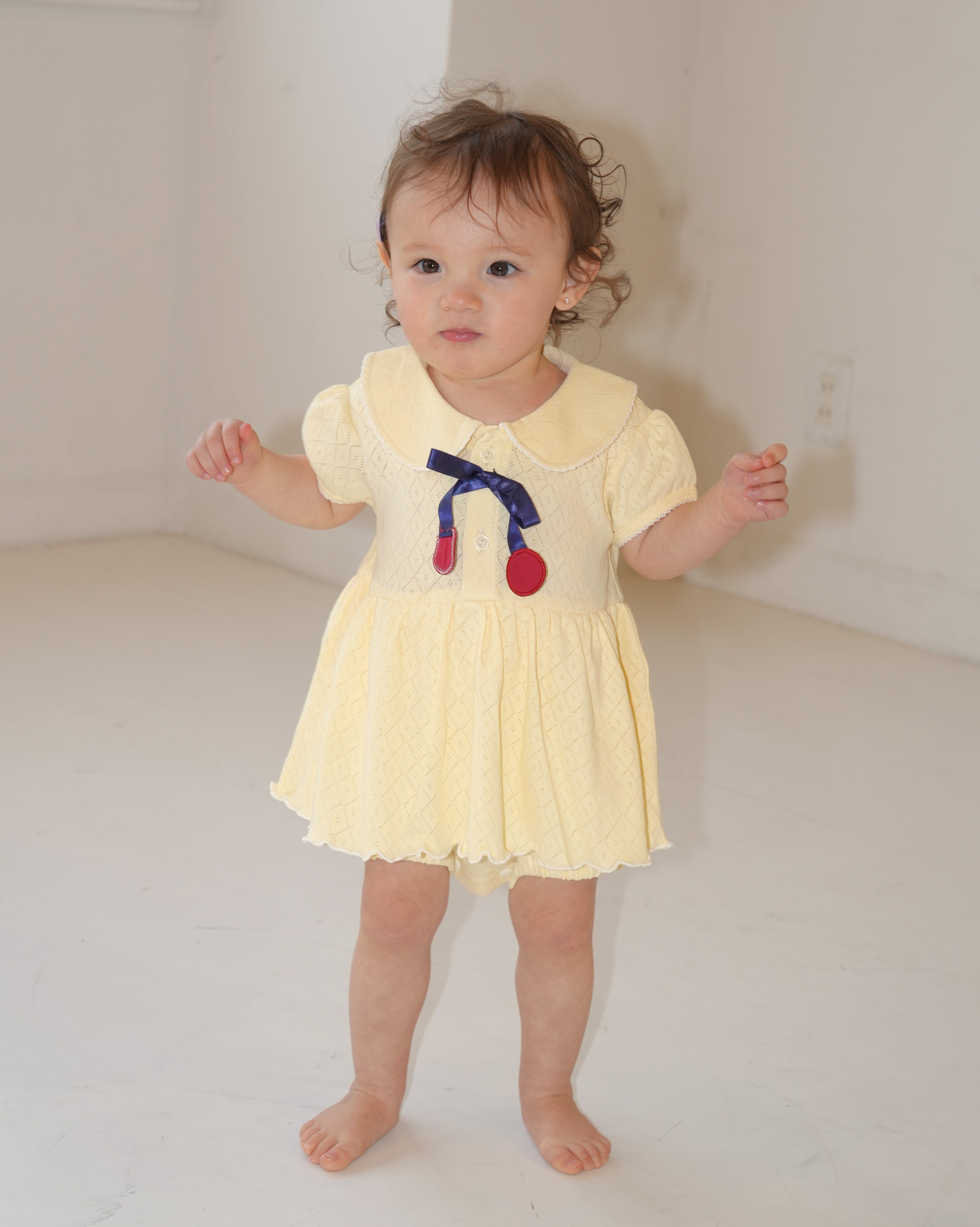 Cherry Motif Eyelet Rib Skirt Rompers【110241】 (Yellow)