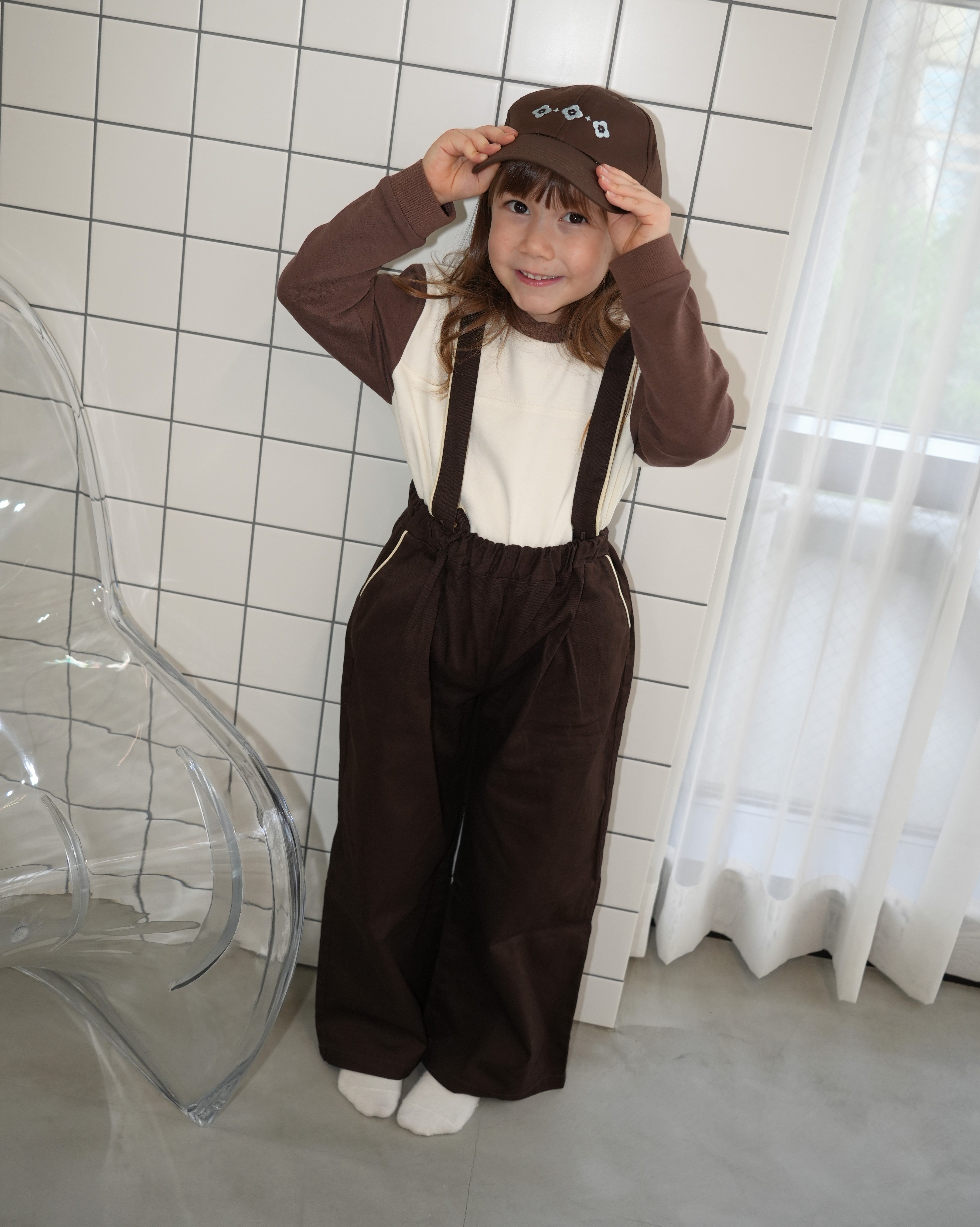 Star Embroidered Cotton Twill Suspender 2-Way Pants【110417】 (dark gray)