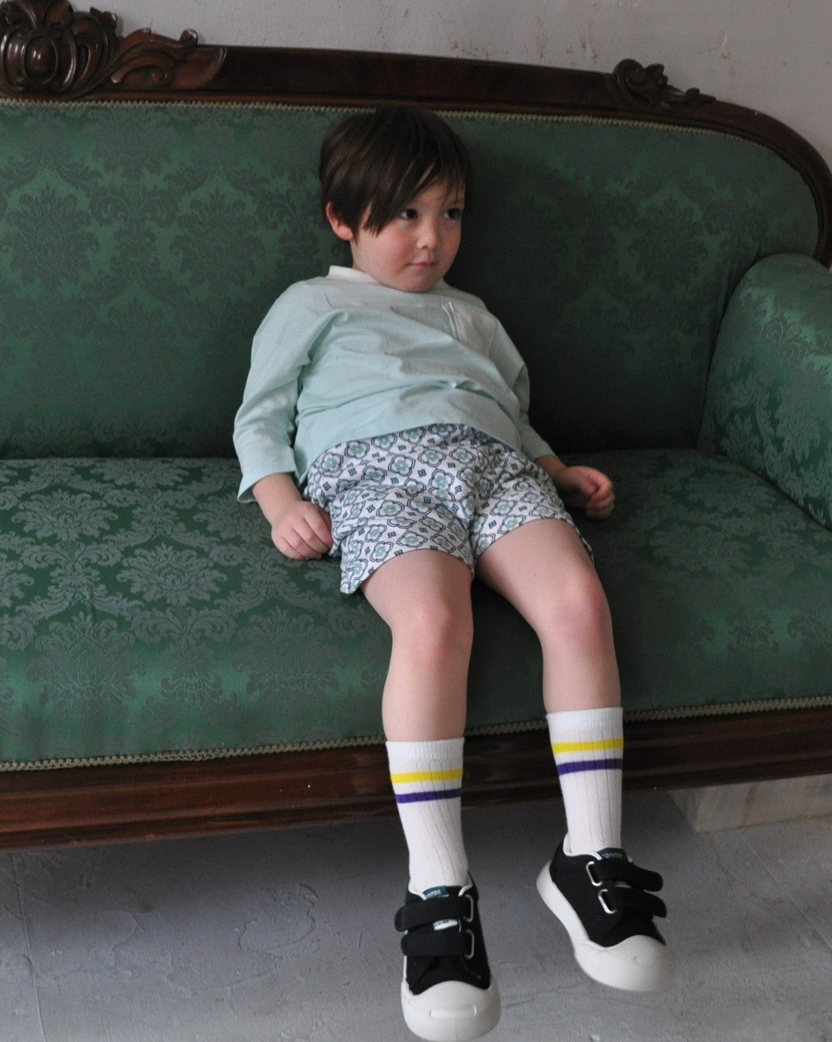 3/4 Sleeve T-Shirt + Vintage Tile Pattern Pants Set【110111】