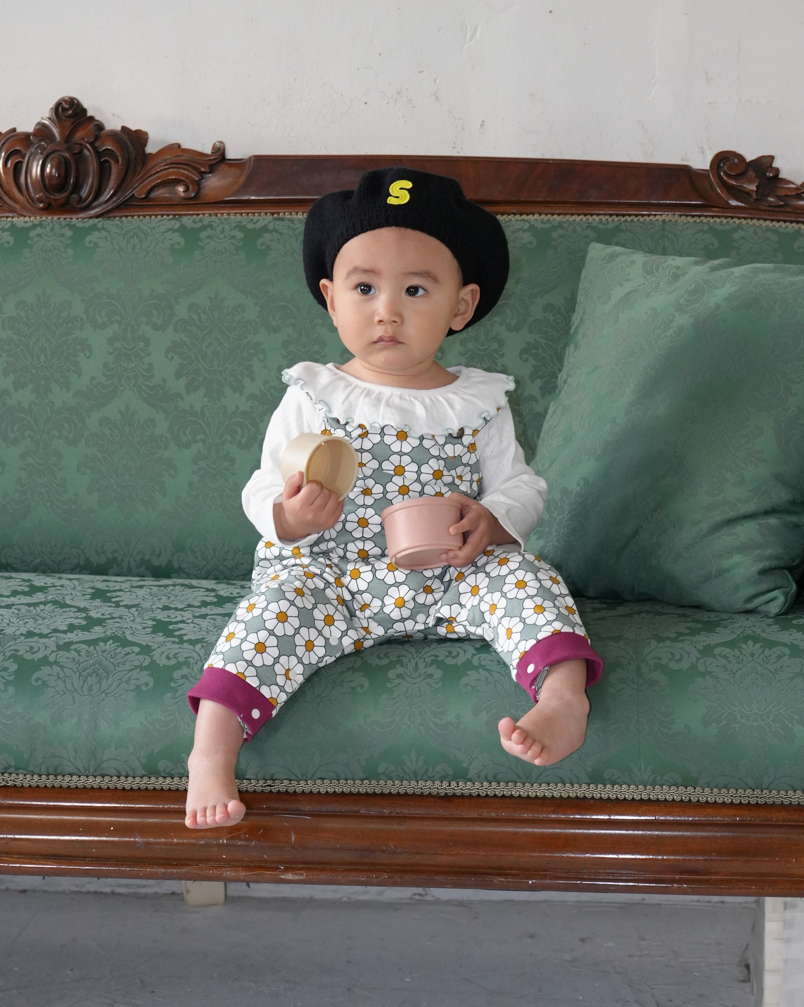 Retro Daisy Pattern Salopette【110117】（GREEN）