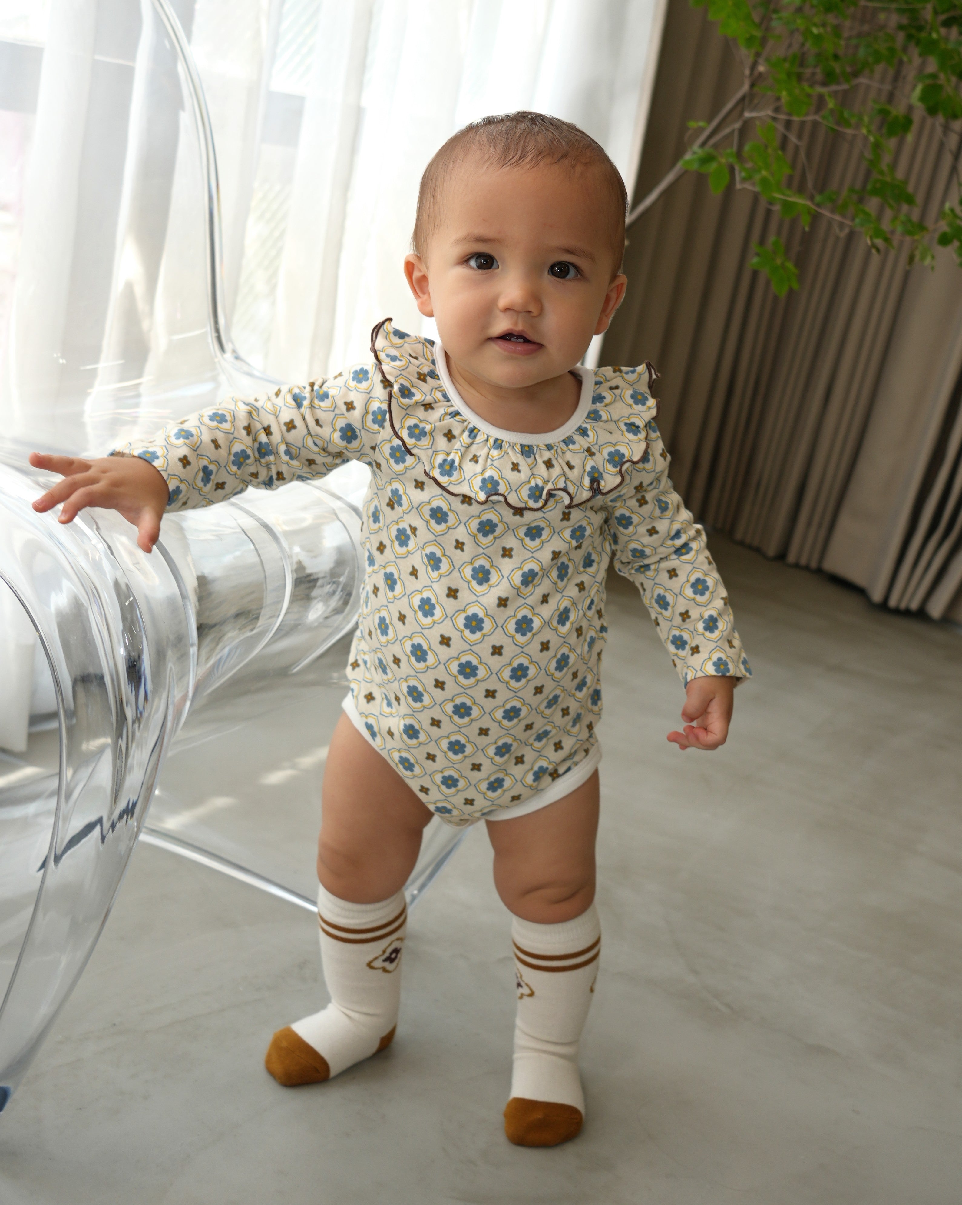 Vintage Tile Frill Ruffle Collar Romper【110335】 (blue)