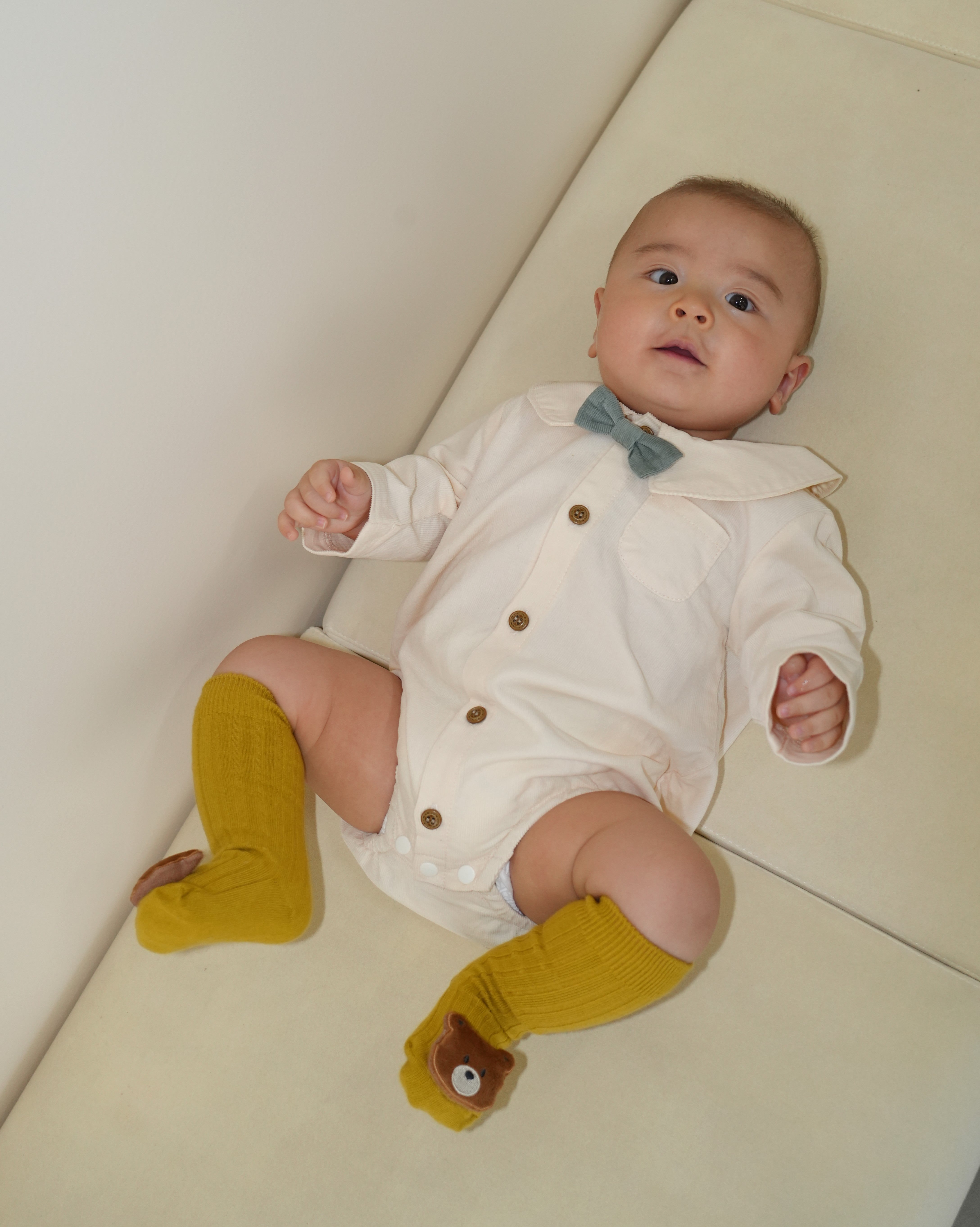 Bow Tie Collared Shirt Corduroy Rompers【110412】 (white)