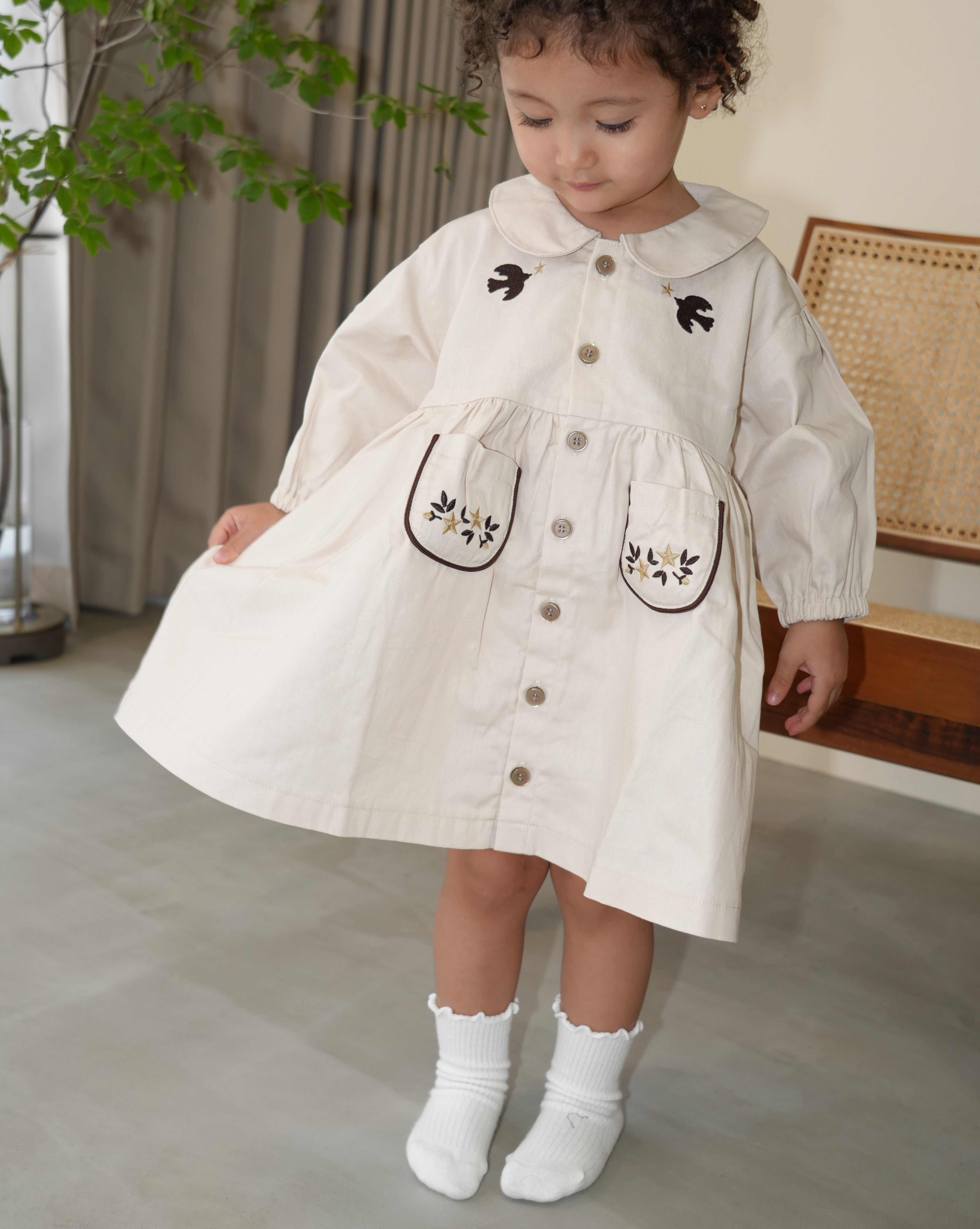 Embroidered Cotton Twill Peter Pan Collar Dress【110416】 (ivory)