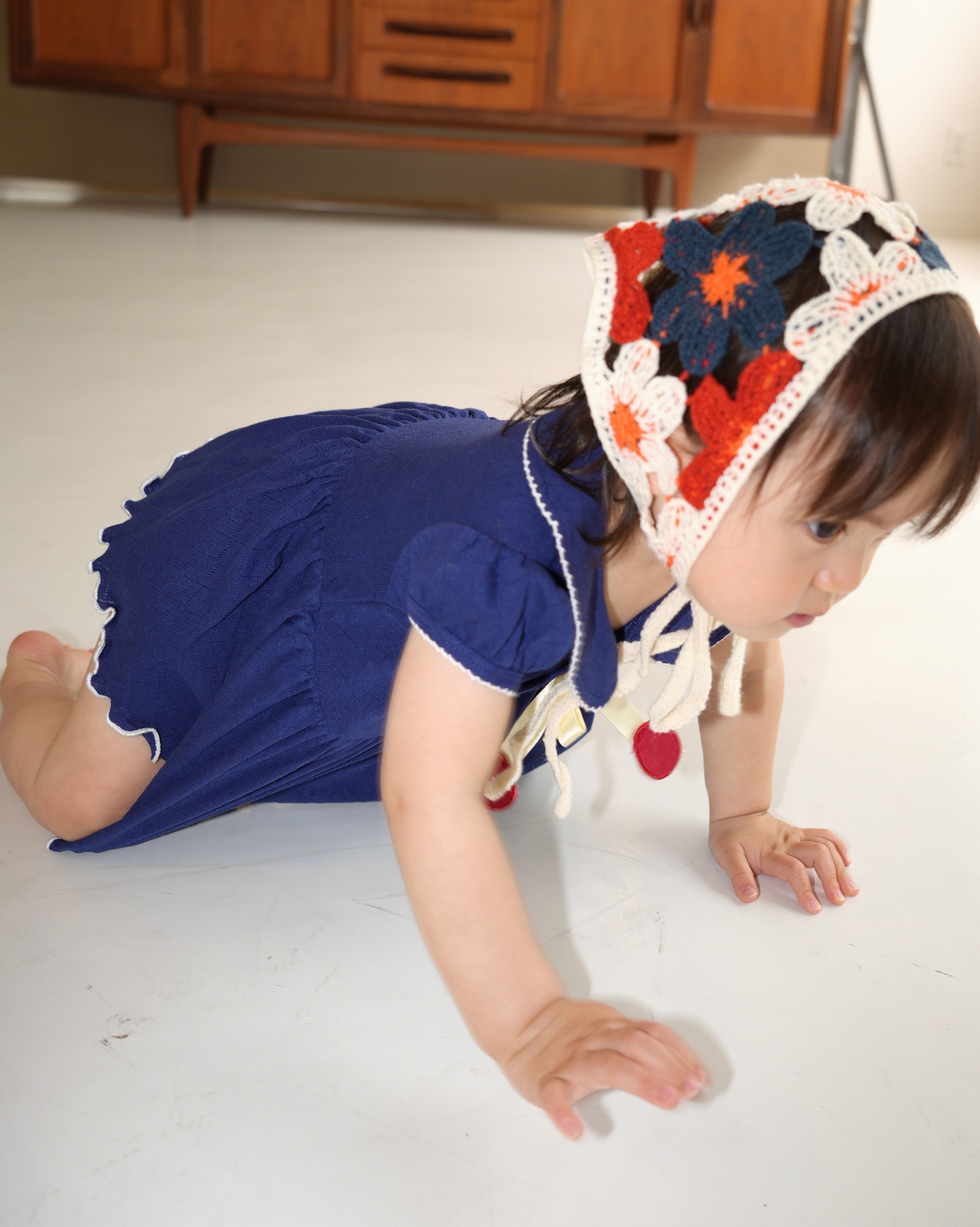 Cherry Motif Eyelet Rib Skirt Rompers【110241】 (Navy)