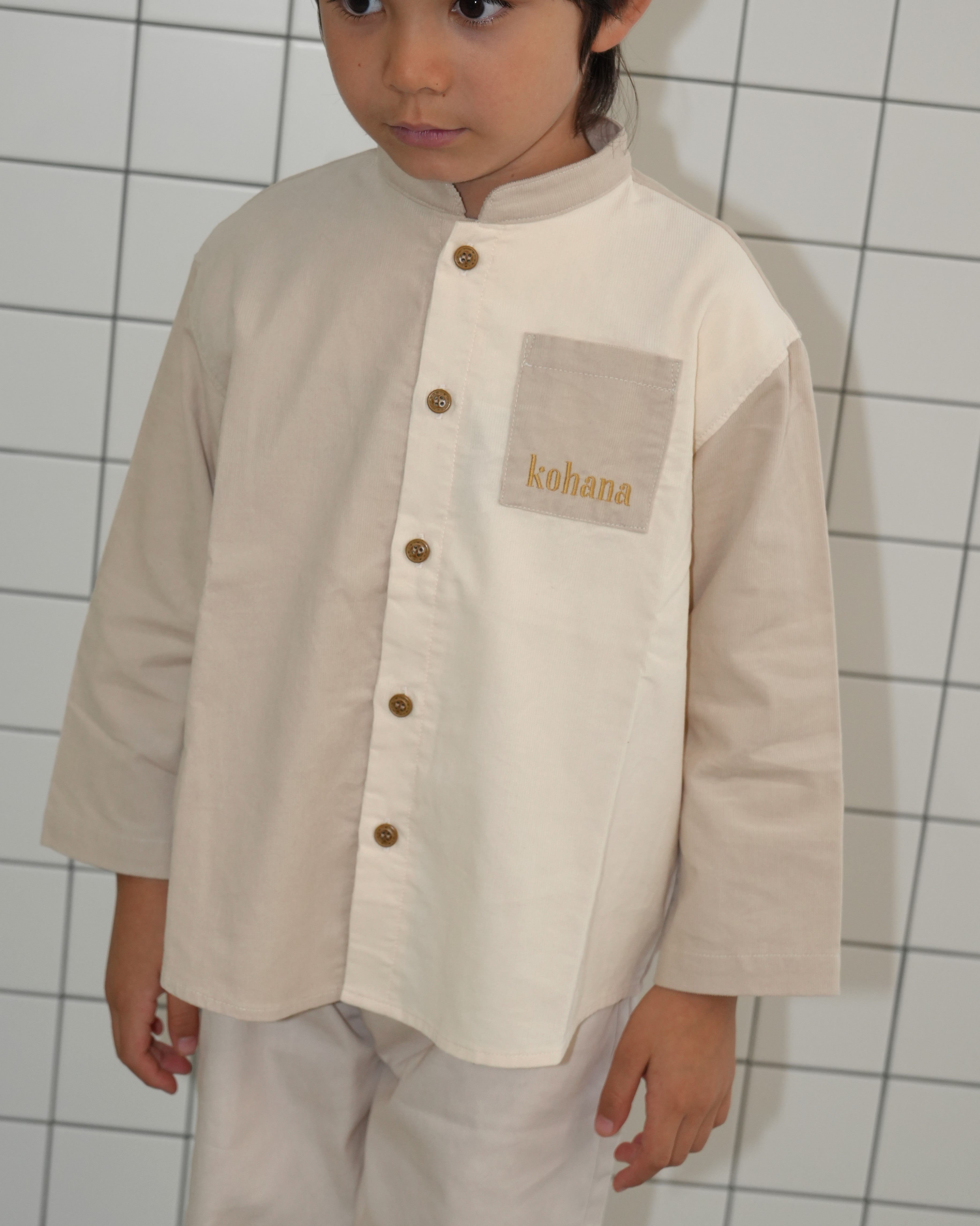 Antique Embroidered Two-Tone Corduroy Shirt【110409】 (beige)