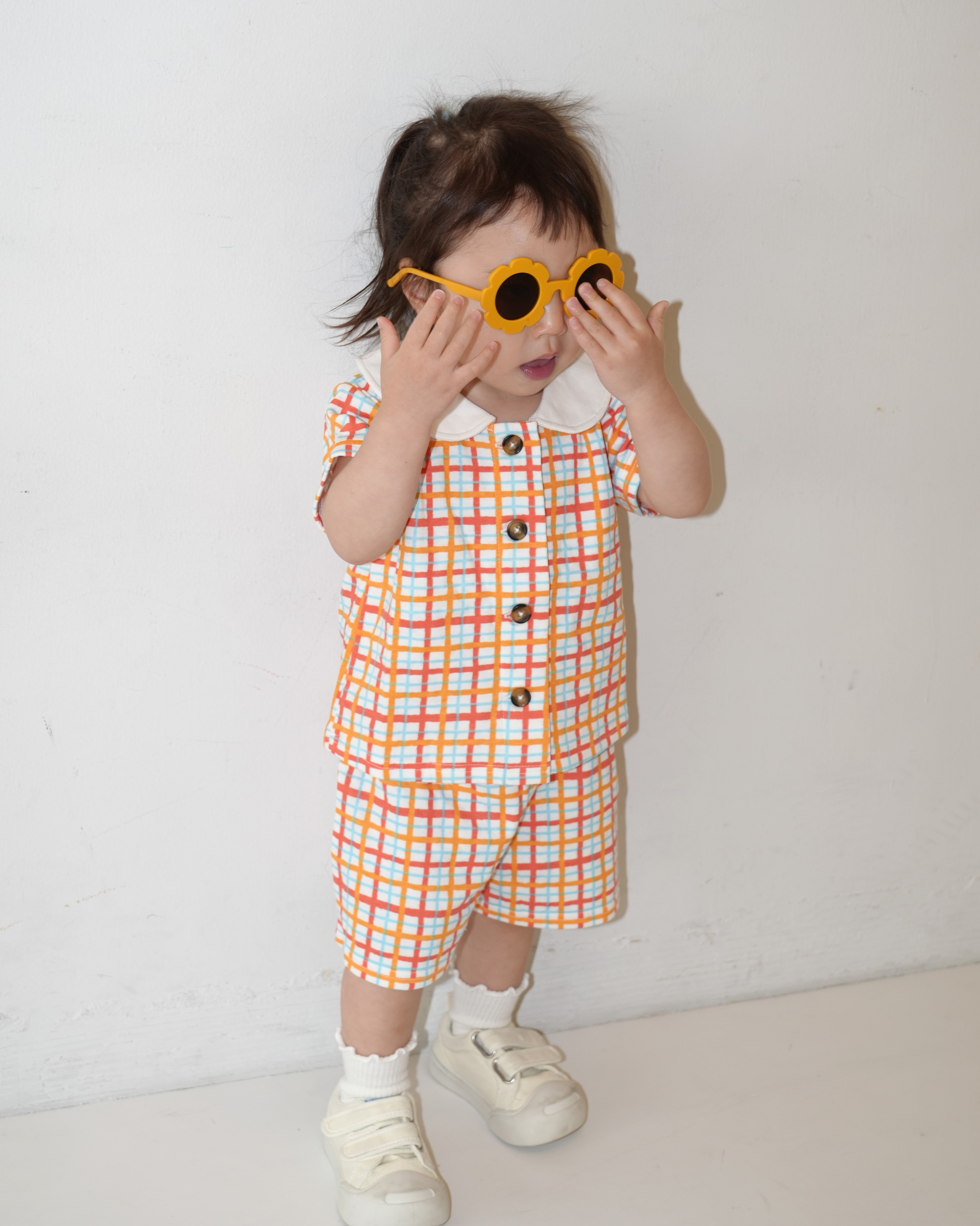 Hand Drawn Check Peter Pan Collar Set up【110231】 (Orange)