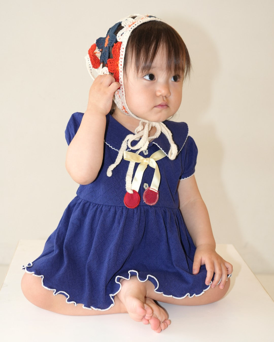 Cherry Motif Eyelet Rib Skirt Rompers【110241】 (Navy)
