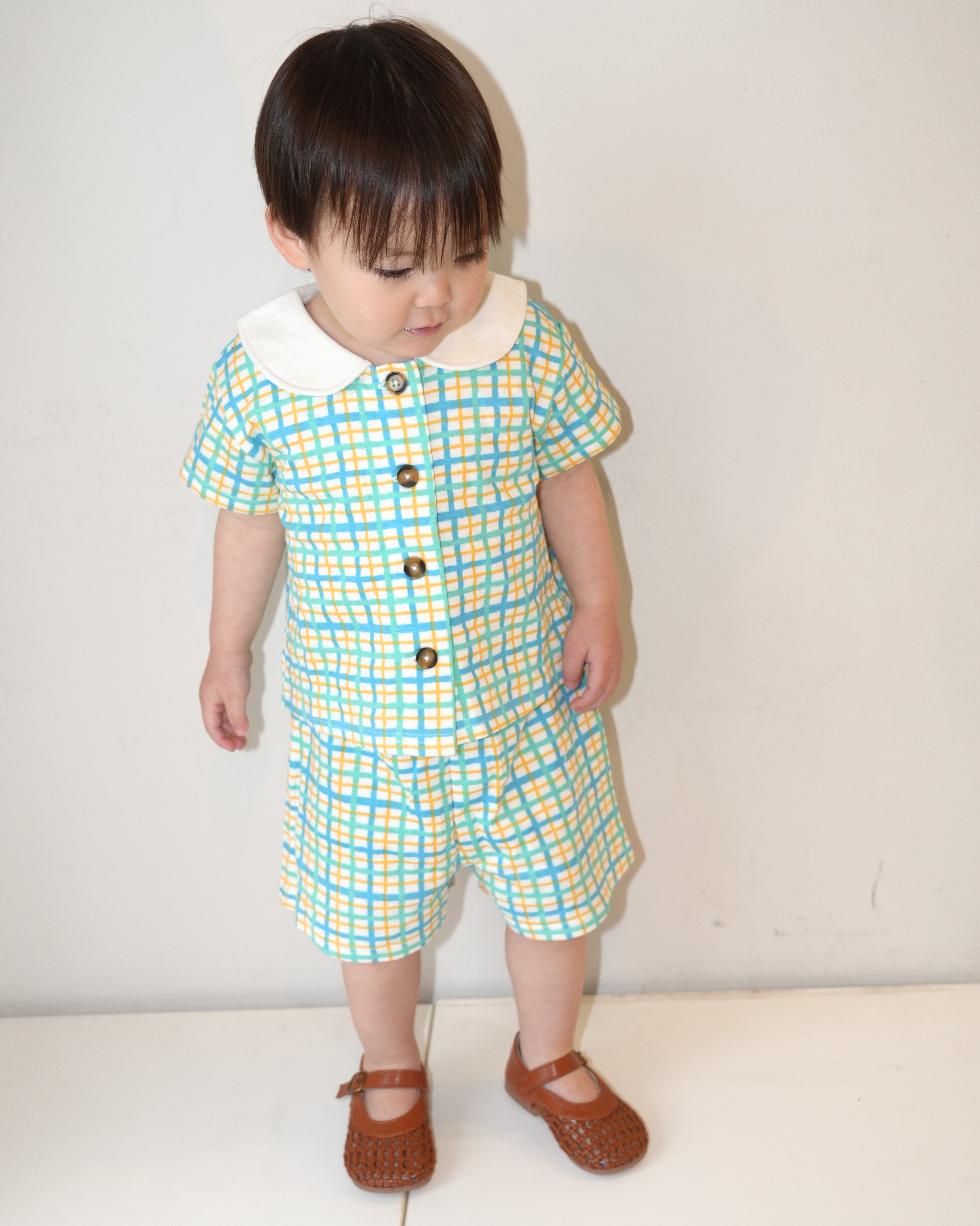 Hand Drawn Check Peter Pan Collar Set up【110231】 (Blue)