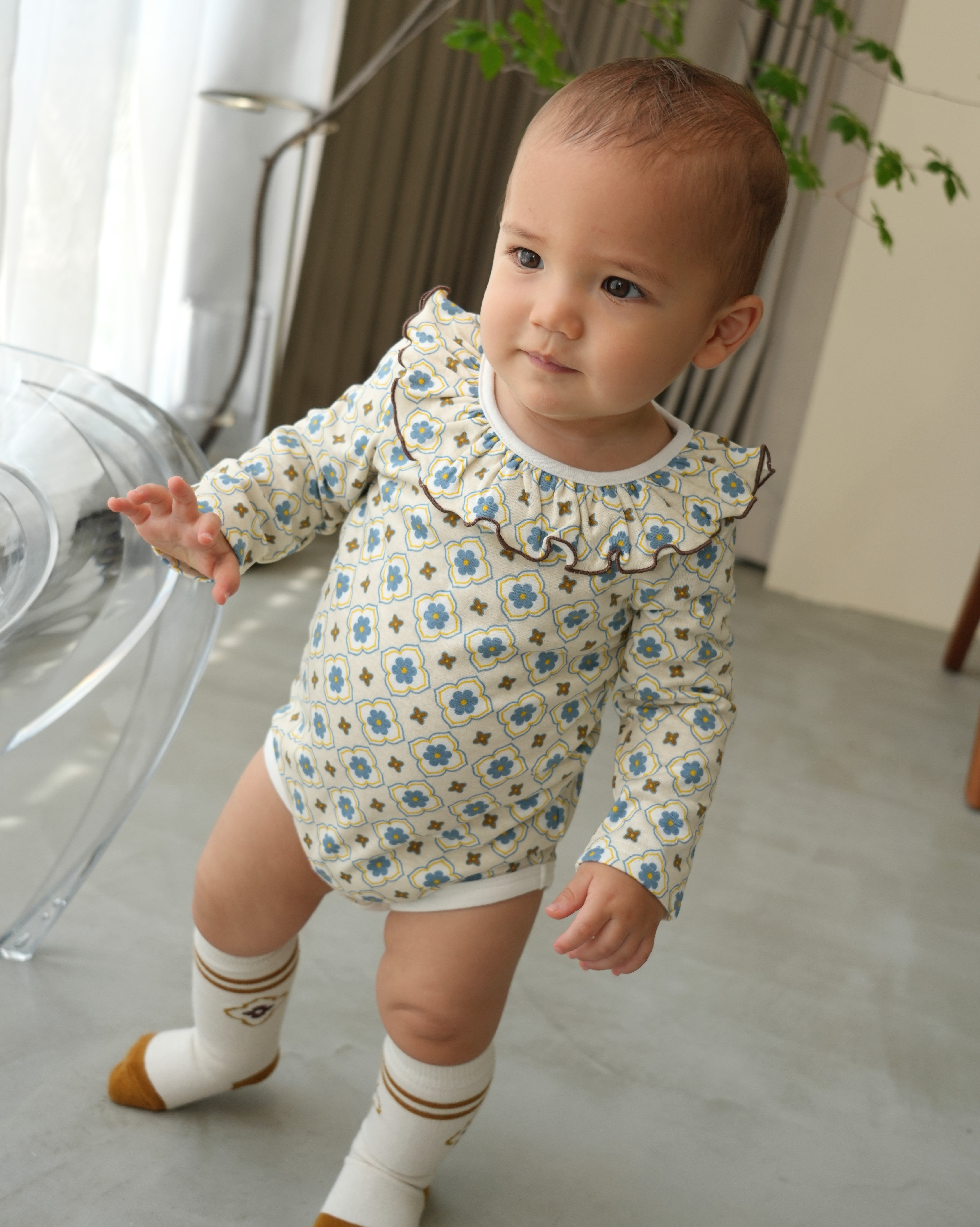 Vintage Tile Frill Ruffle Collar Romper【110335】 (blue)