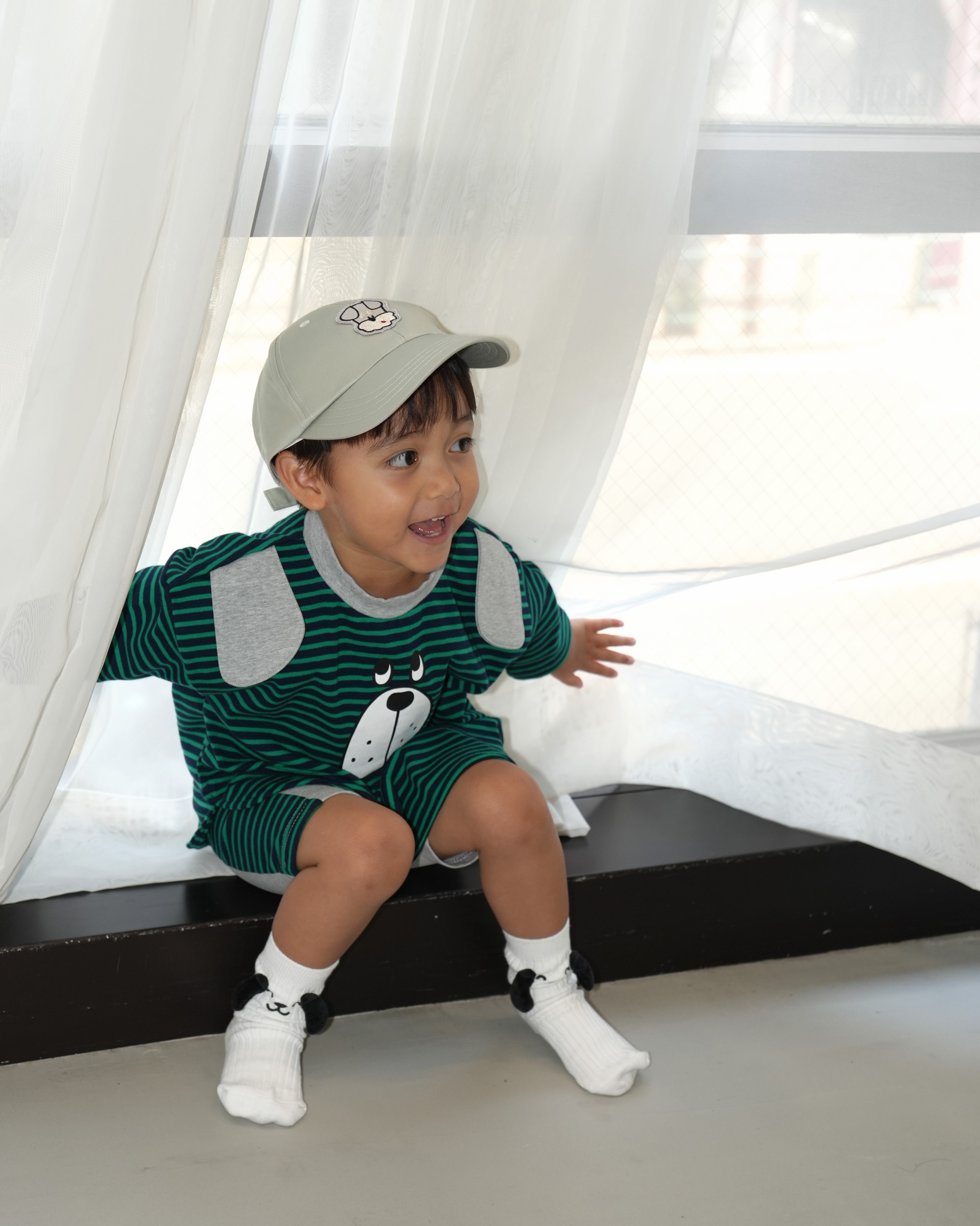 Big Face Dog T-Shirt & Half Leggings Set【110403】 (green)