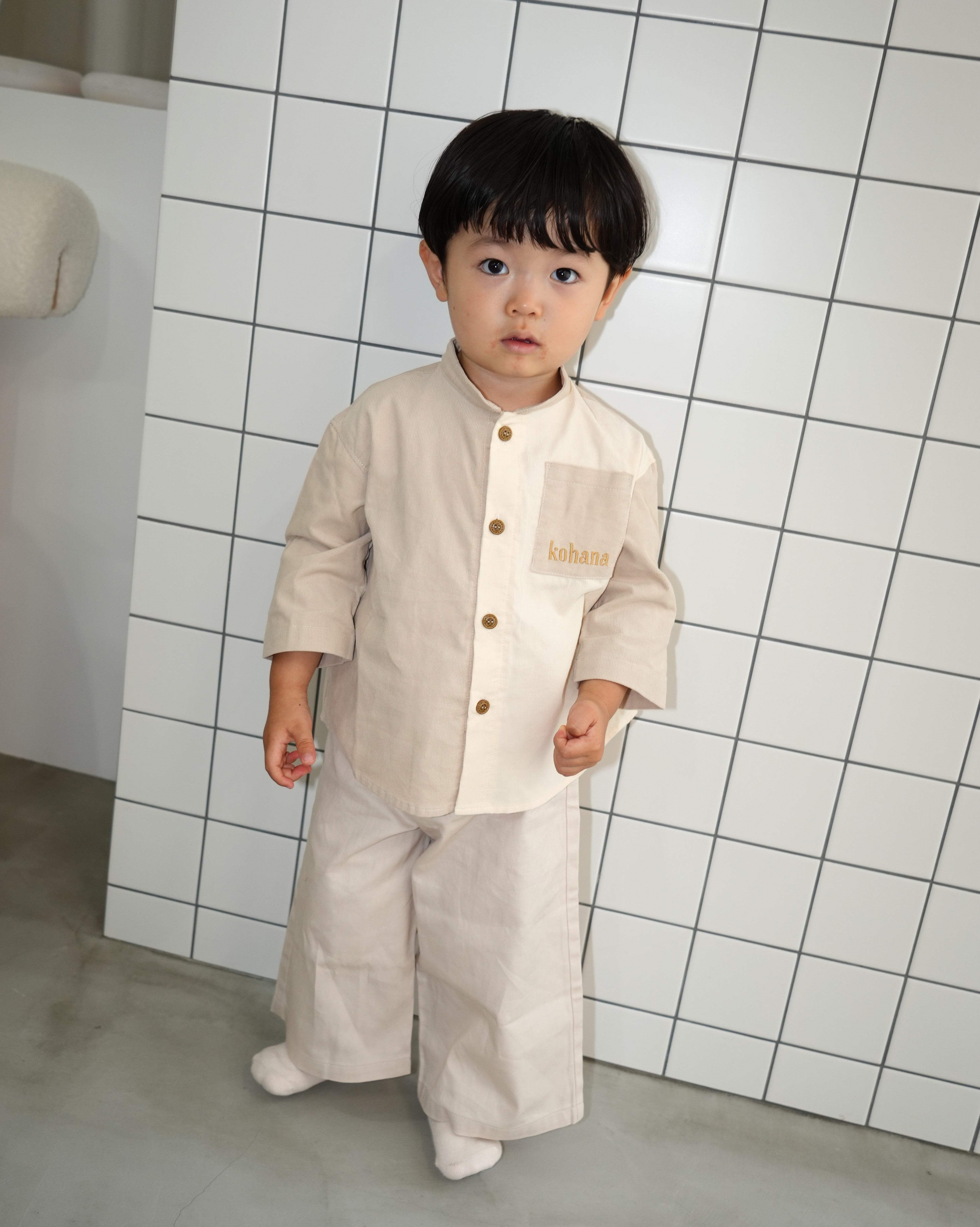 Antique Embroidered Two-Tone Corduroy Shirt【110409】 (beige)