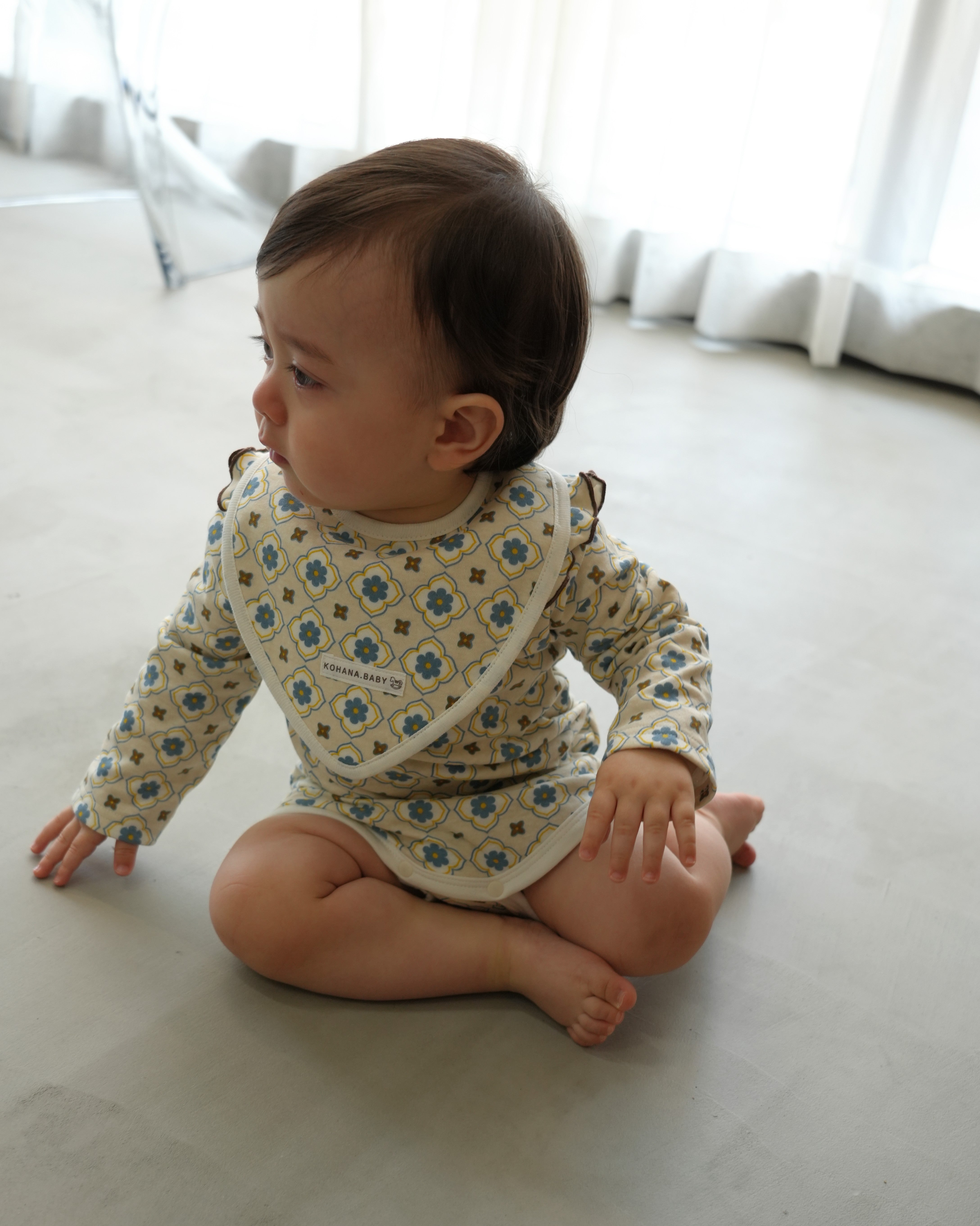 Vintage Tile Frill Ruffle Collar Romper【110335】 (blue)