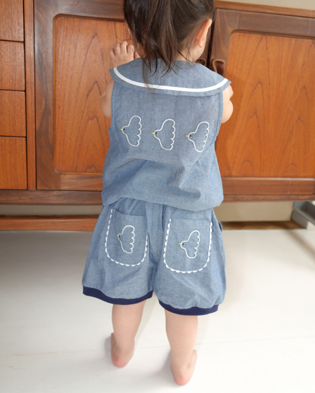 Dungaree Seagull Embroidered Short Pants【110264】