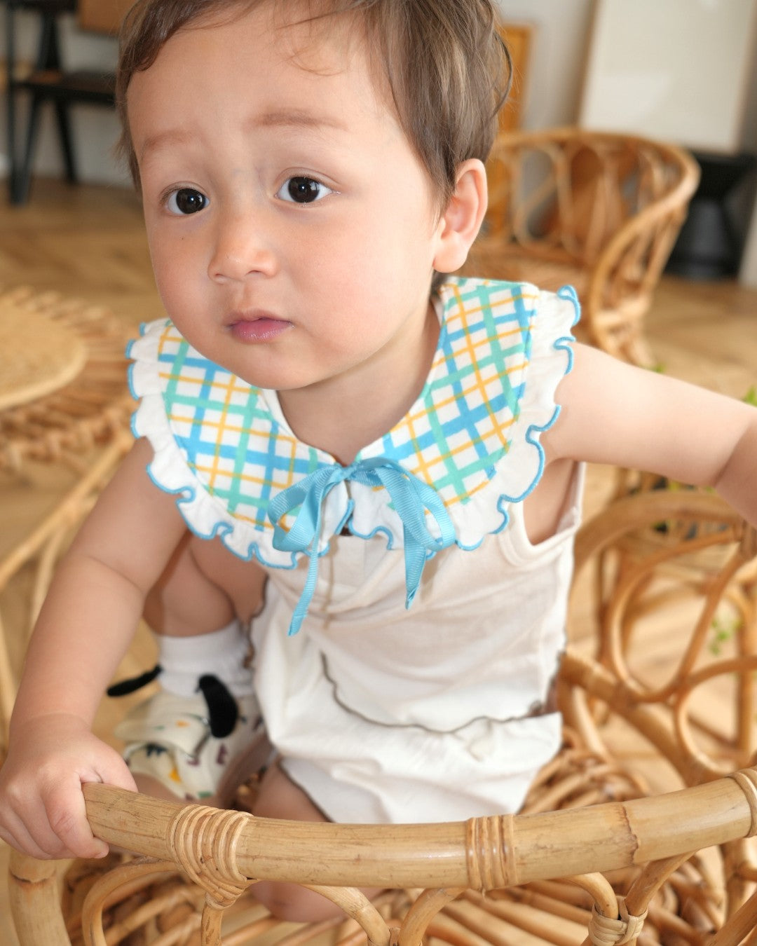 Hand Drawn Check Ruffle Detachable Collar 【110235】 (Blue)