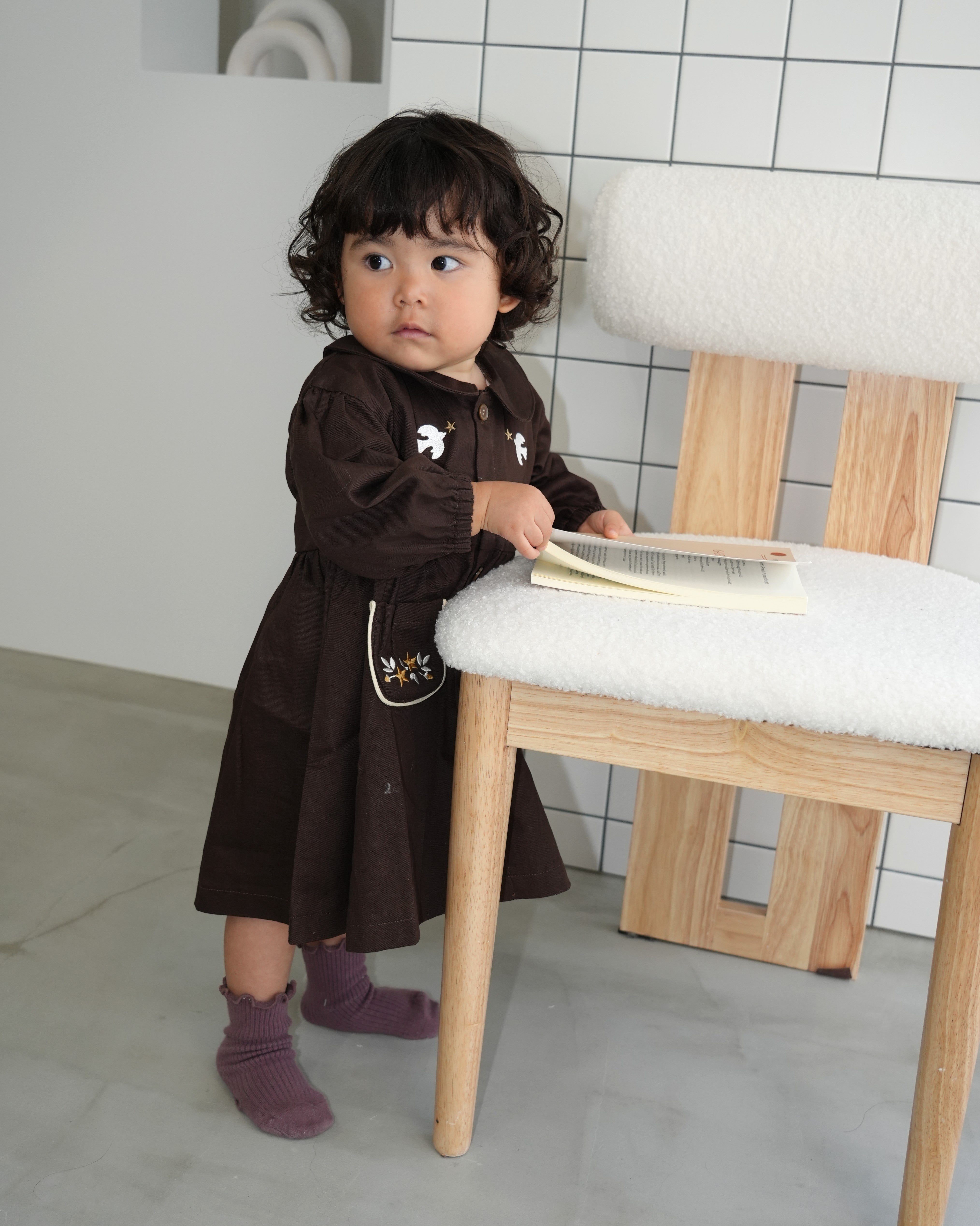 Embroidered Cotton Twill Peter Pan Collar Dress【110416】 (dark gray)