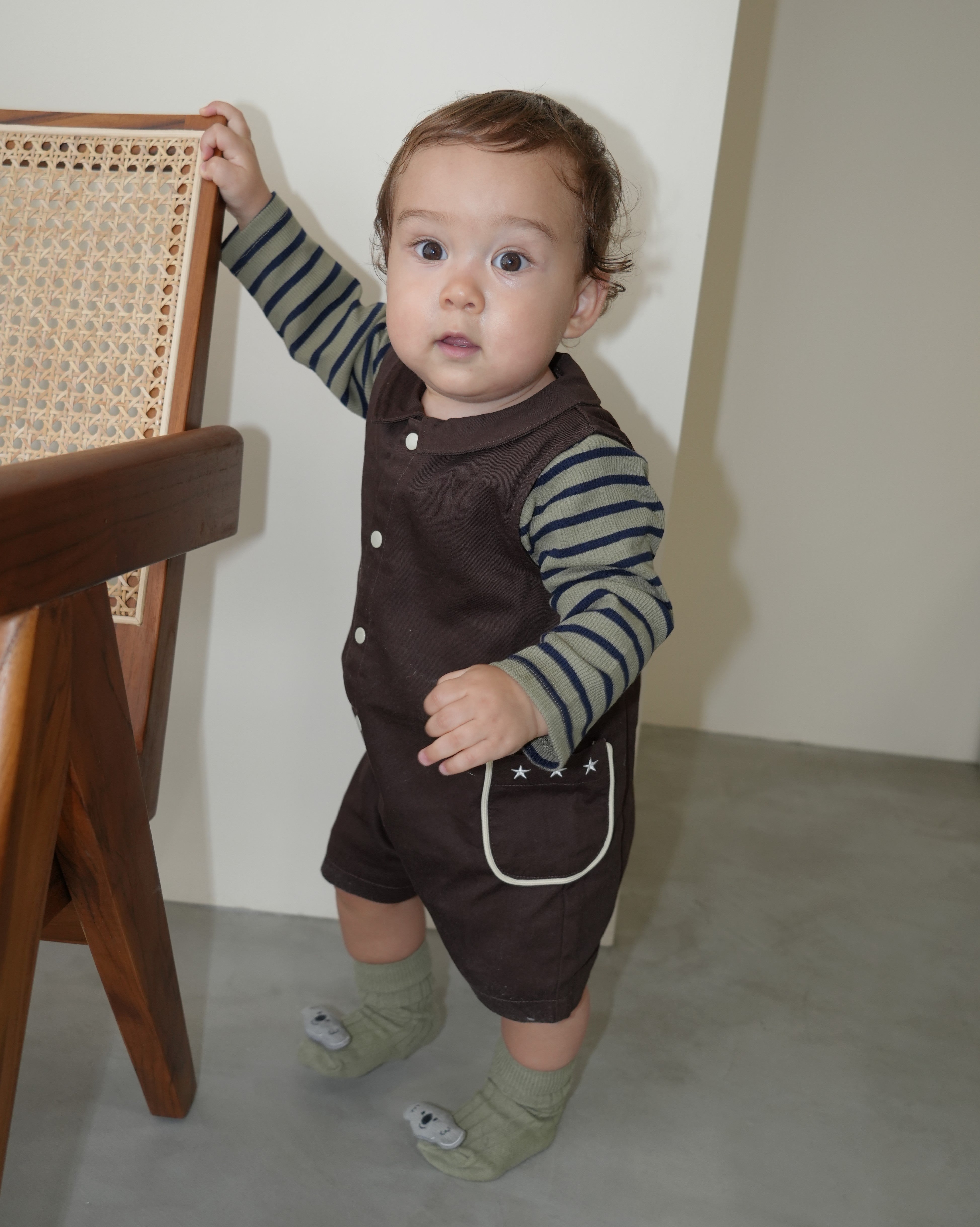 Star Embroidered Pocket Front-Open Overalls【110419】 (dark gray)