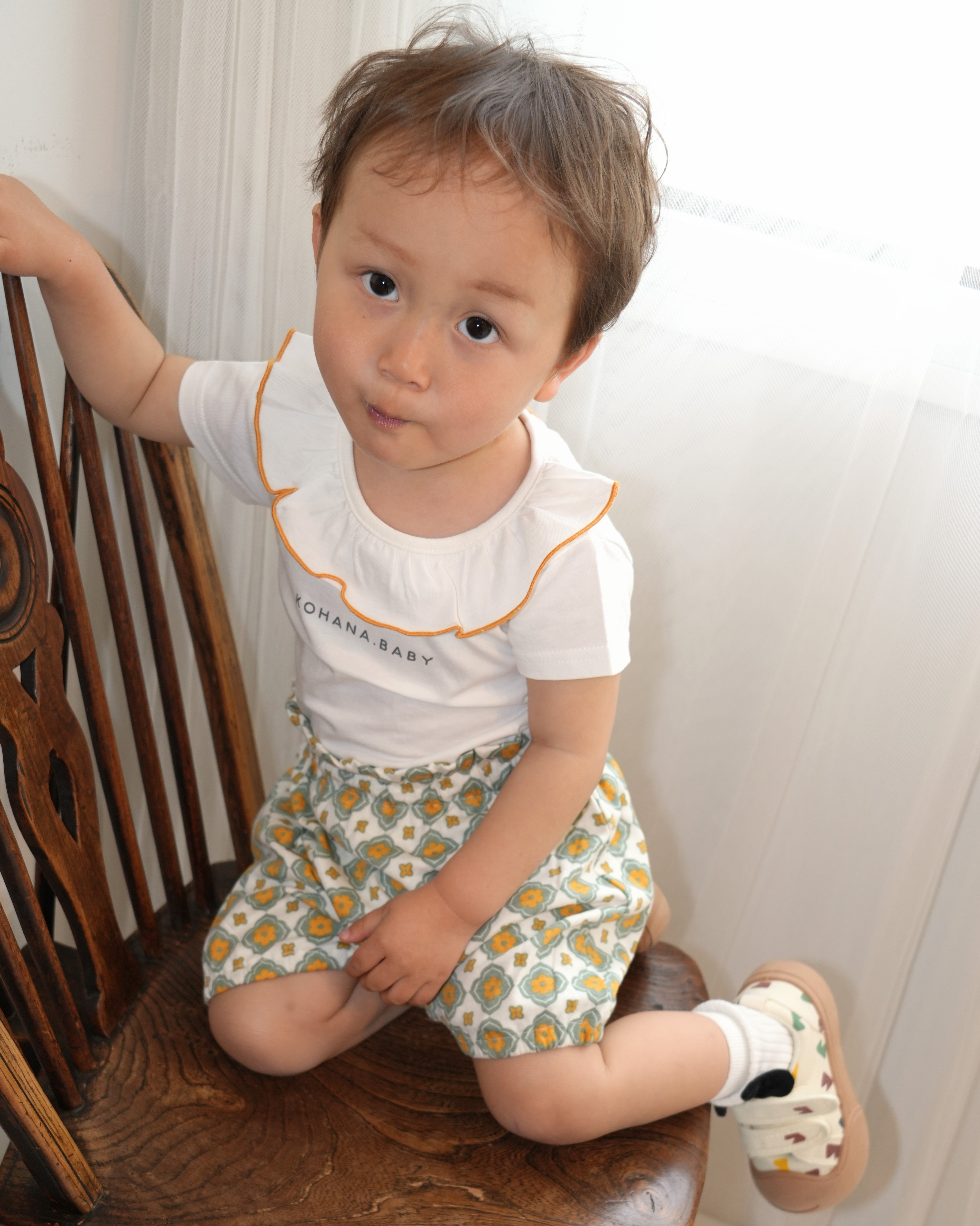 Vintage Tile Ruffle Collar T-Shirt Set【110223】 (Mustard)