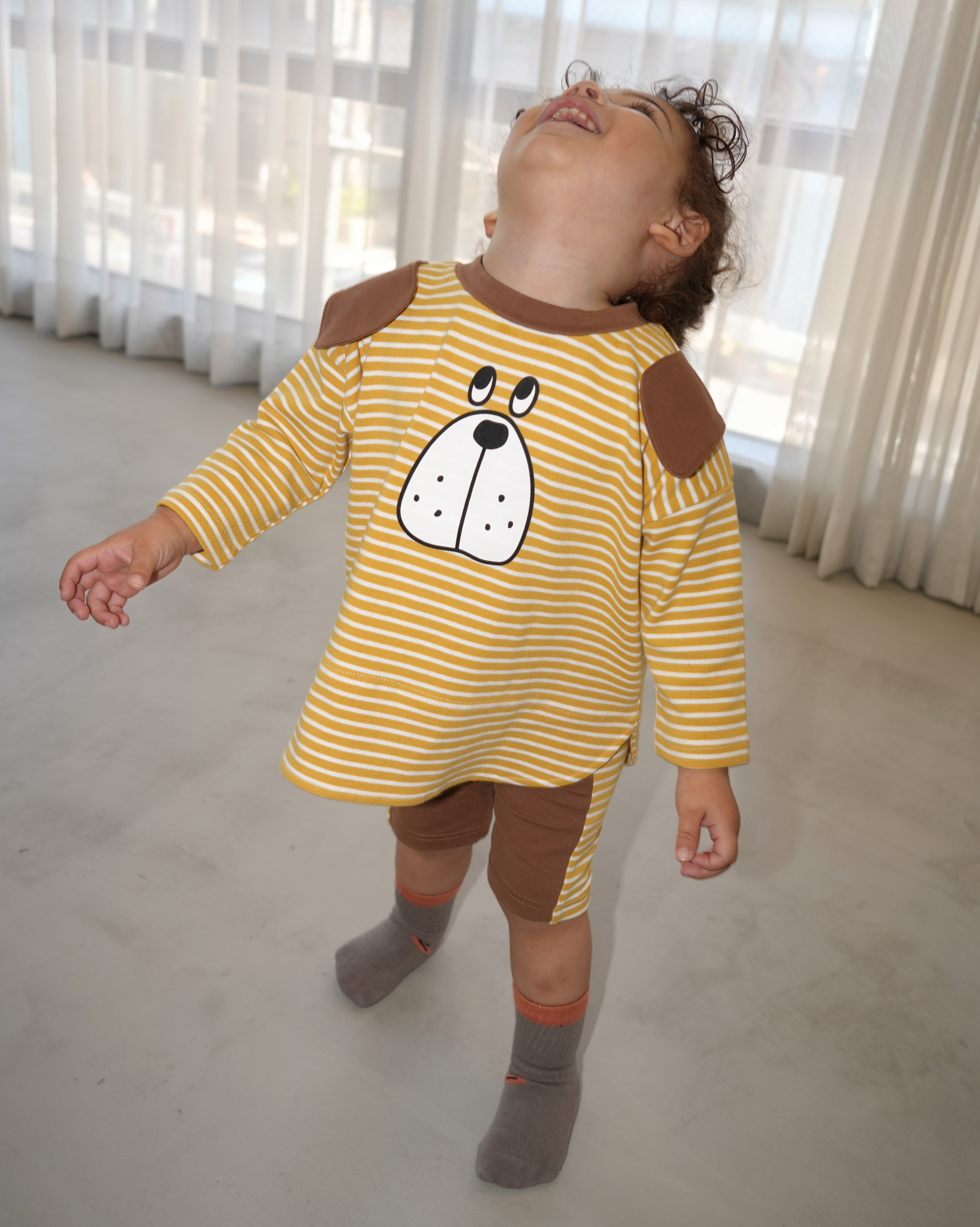 Big Face Dog T-Shirt & Half Leggings Set【110403】 (yellow)
