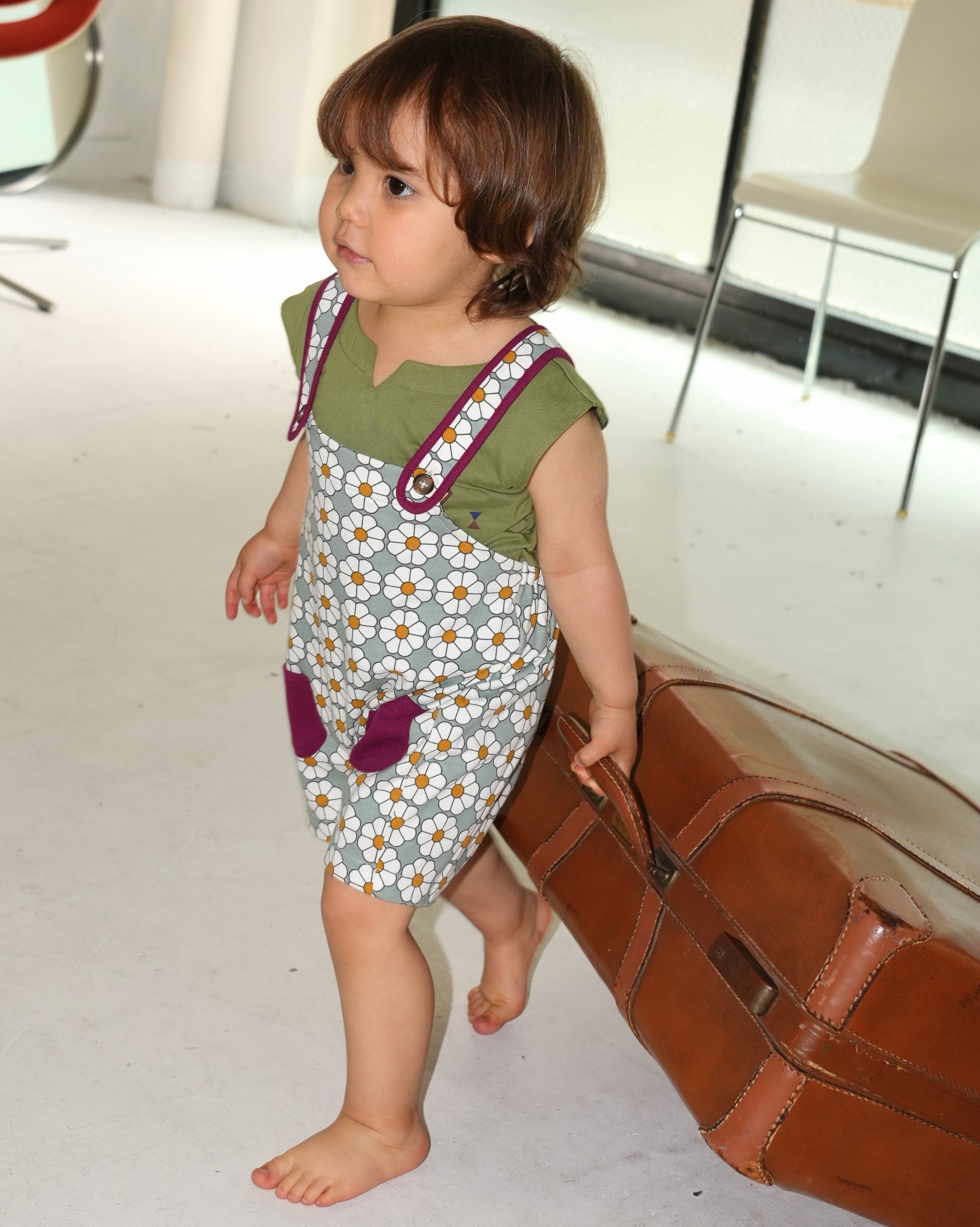 Retro Daisy Pattern Short Salopette【150011】 (Green)