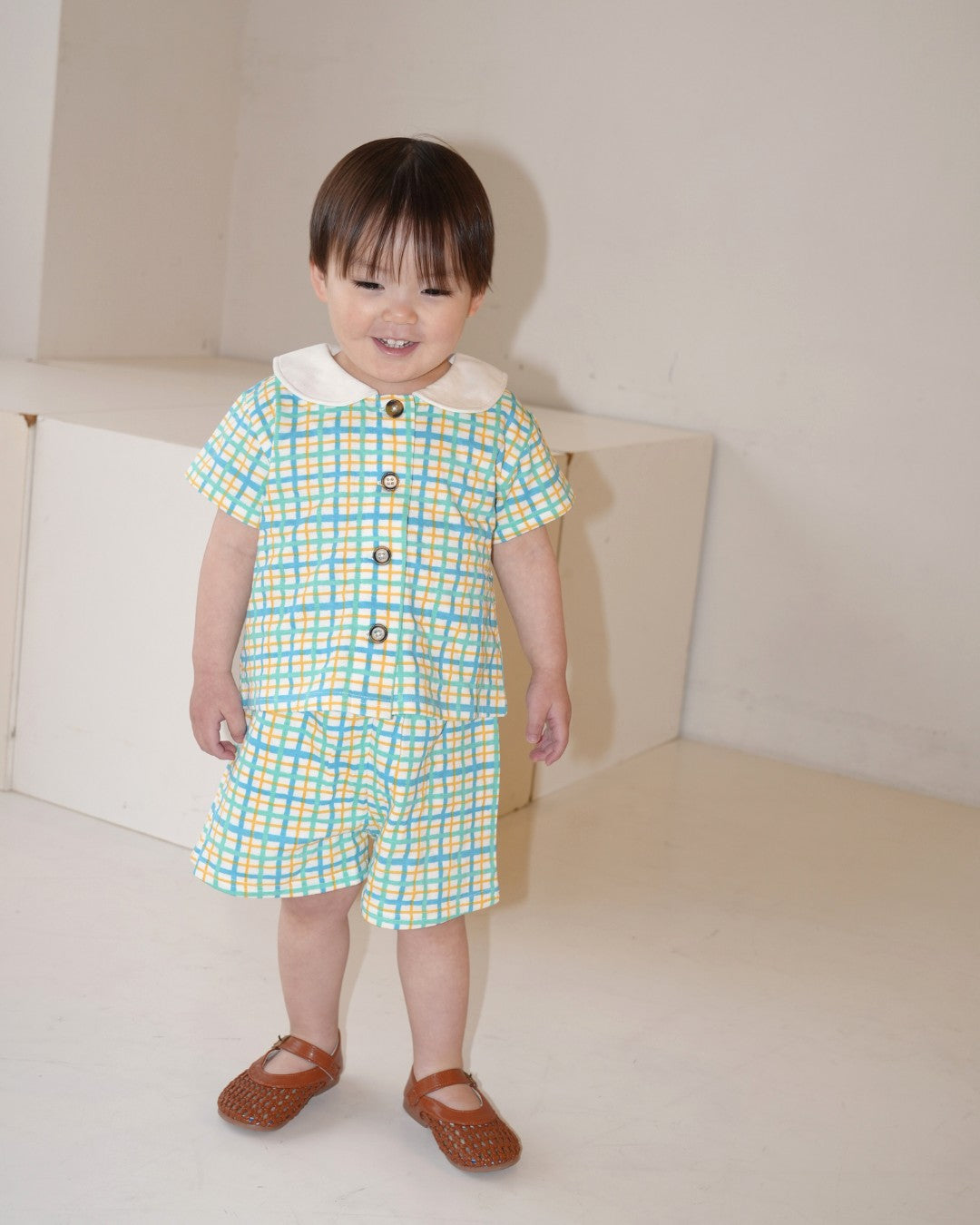 Hand Drawn Check Peter Pan Collar Set up【110231】 (Blue)