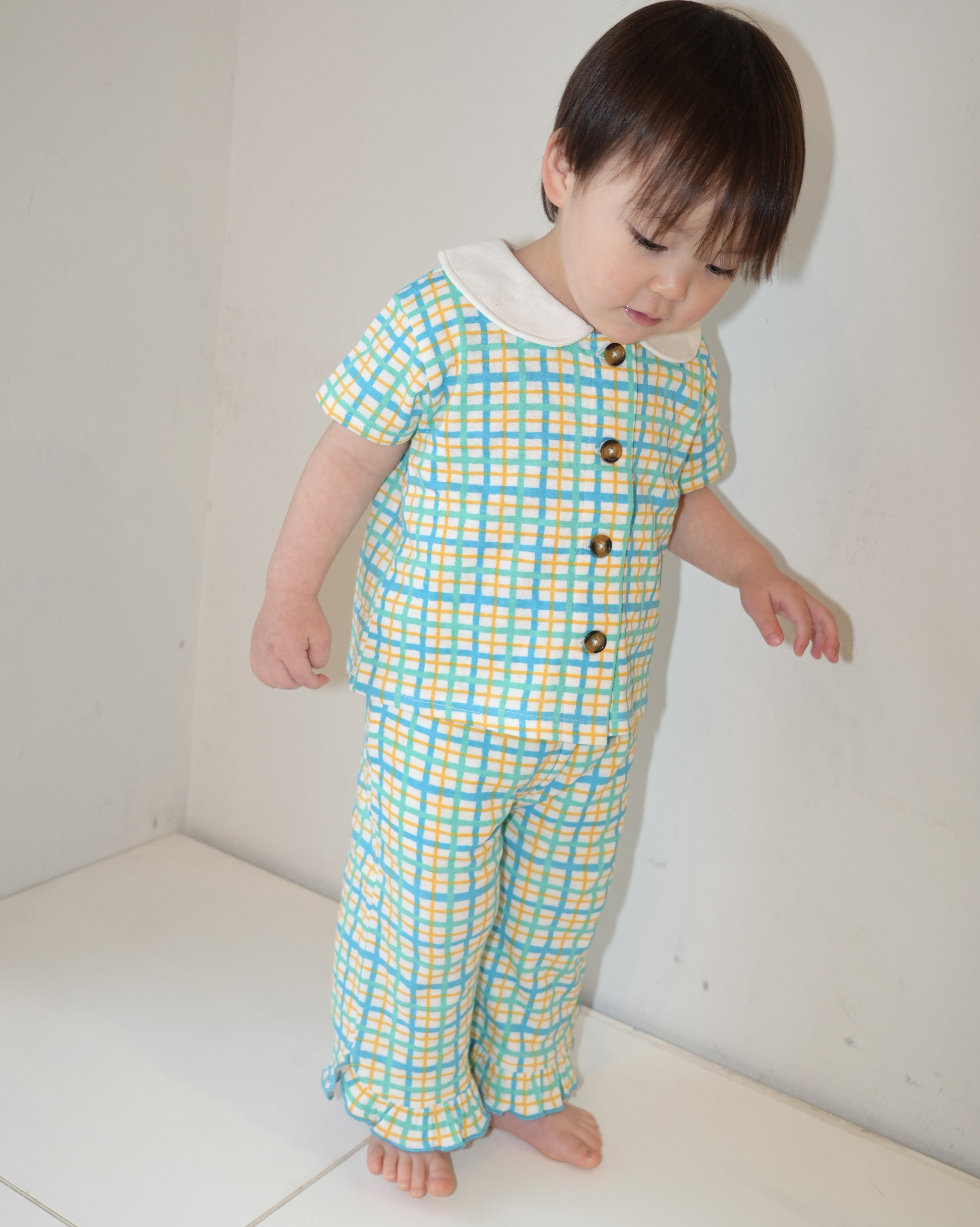 Hand Drawn Check Ruffle Hem Pants【110233】 (Blue)